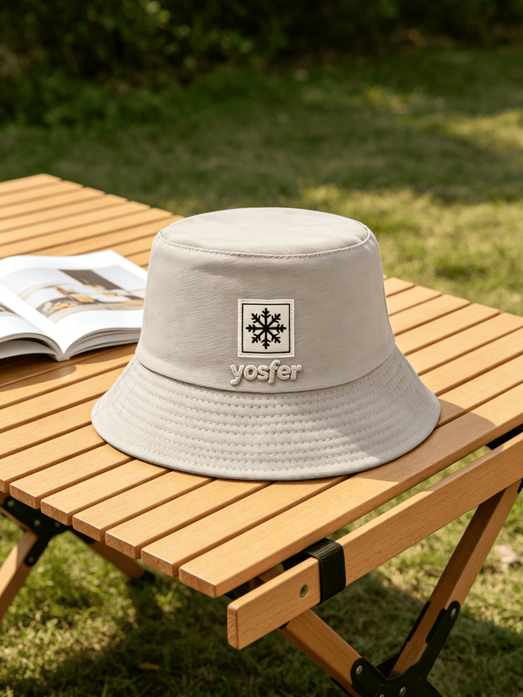 Yosfer Light Beige Snowflake Embroidery Bucket Hat