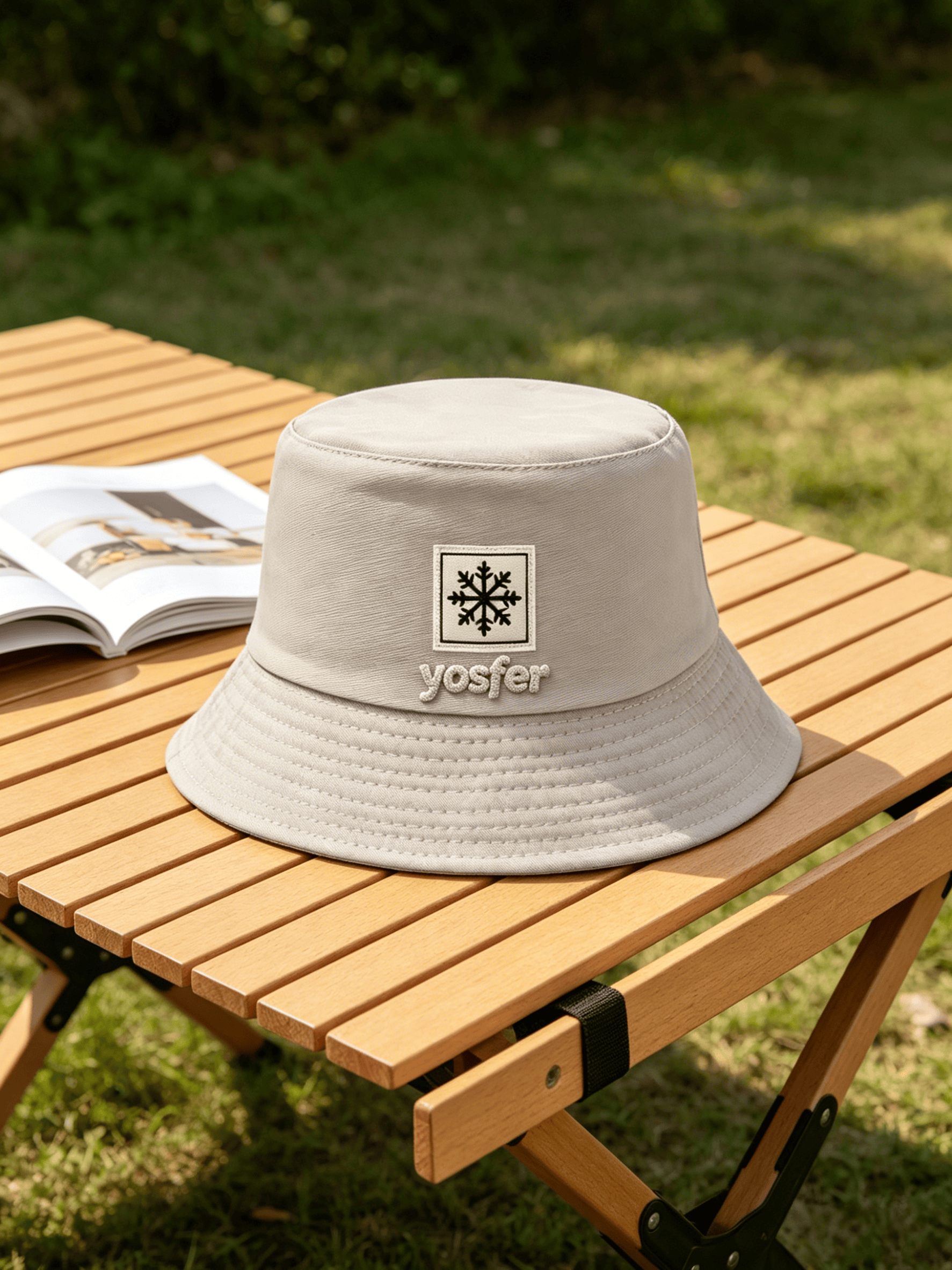 Yosfer Light Beige Snowflake Embroidery Bucket Hat
