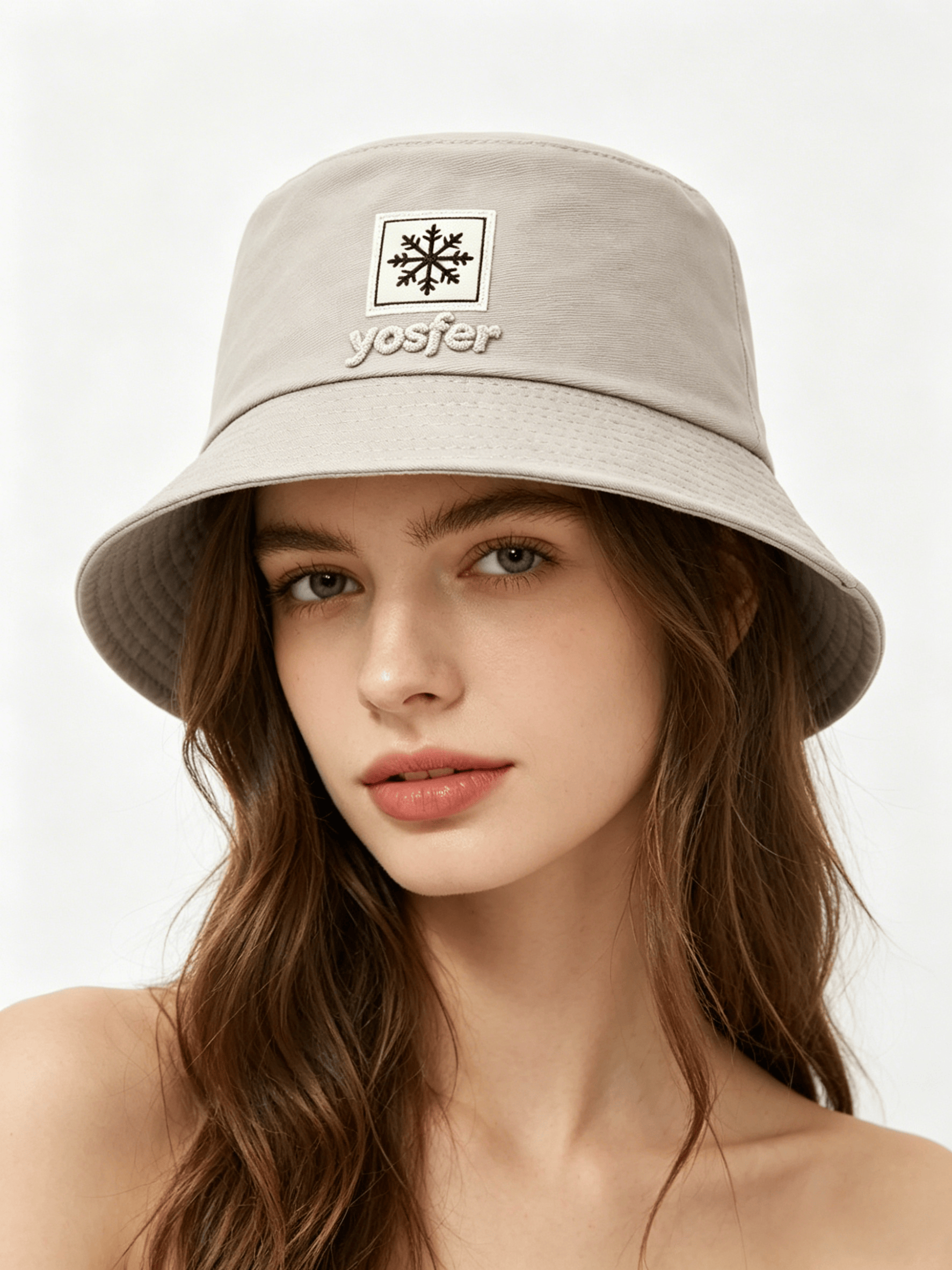 Yosfer Light Beige Snowflake Embroidery Bucket Hat