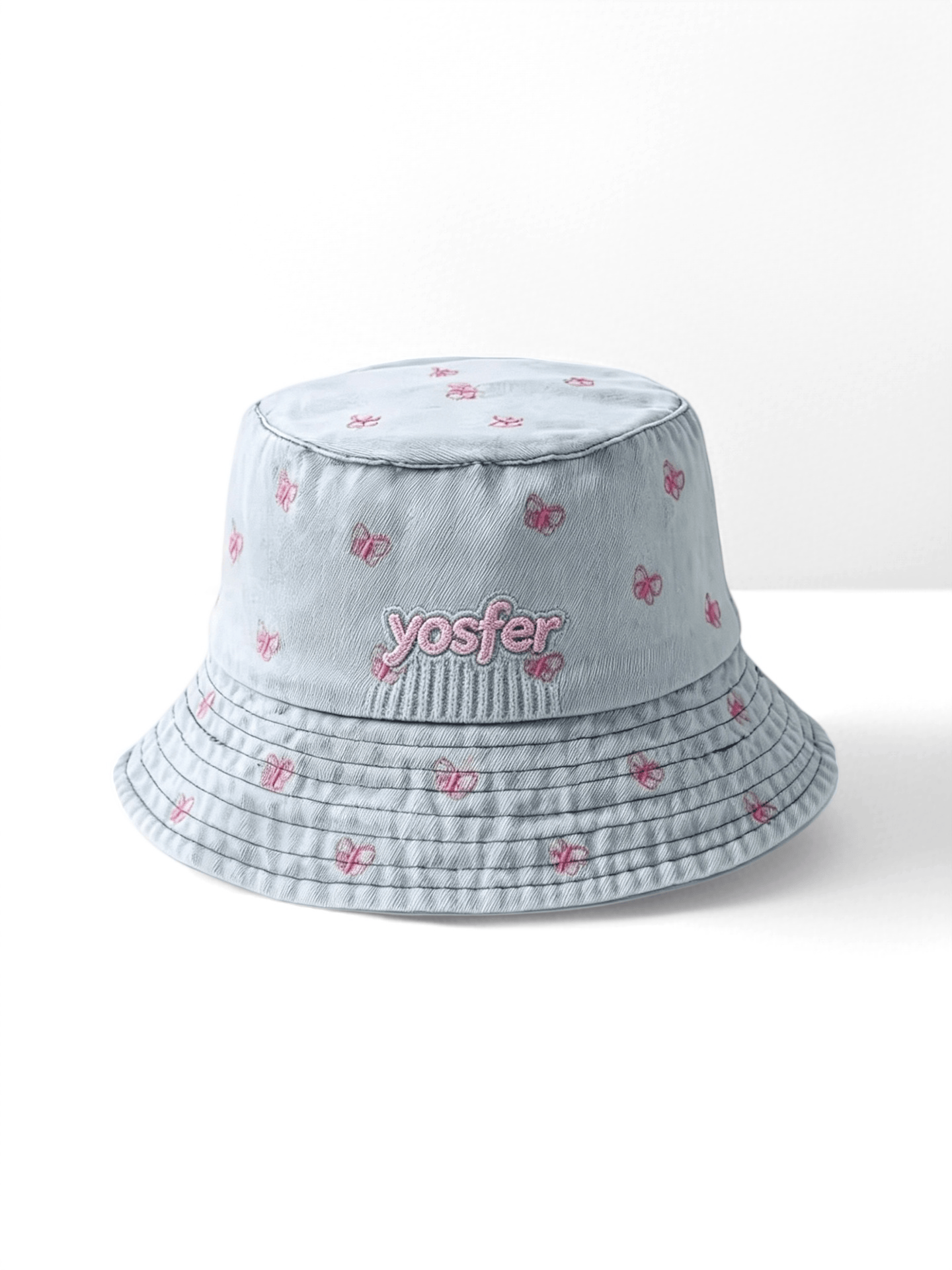 Yosfer Washed Denim Blue All-Over Butterfly Bucket Hat