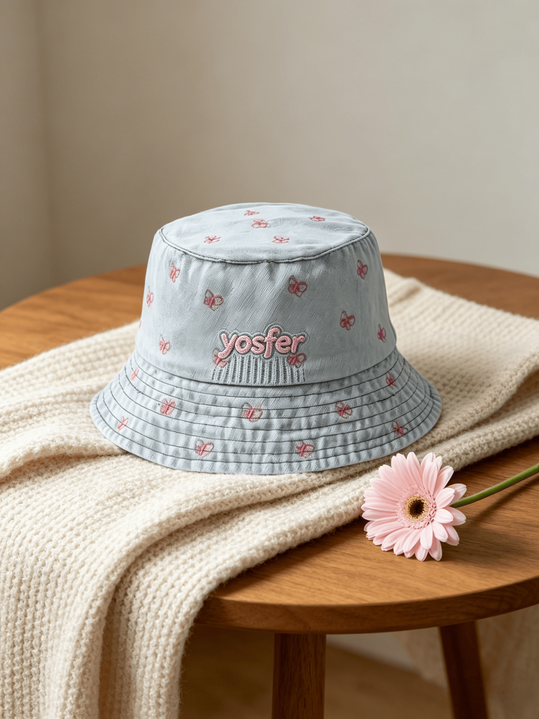 Yosfer Washed Denim Blue All-Over Butterfly Bucket Hat