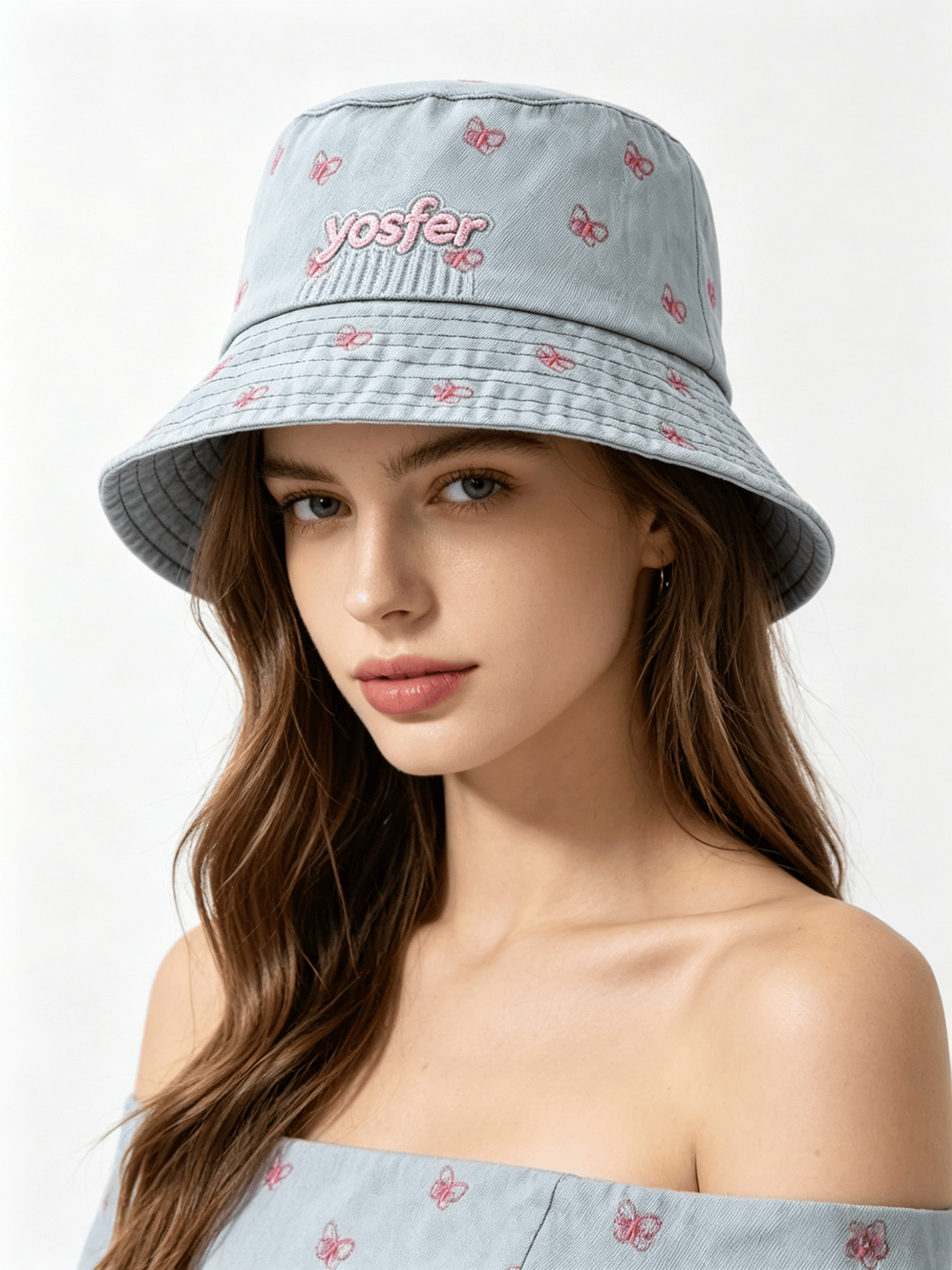 Yosfer Washed Denim Blue All-Over Butterfly Bucket Hat