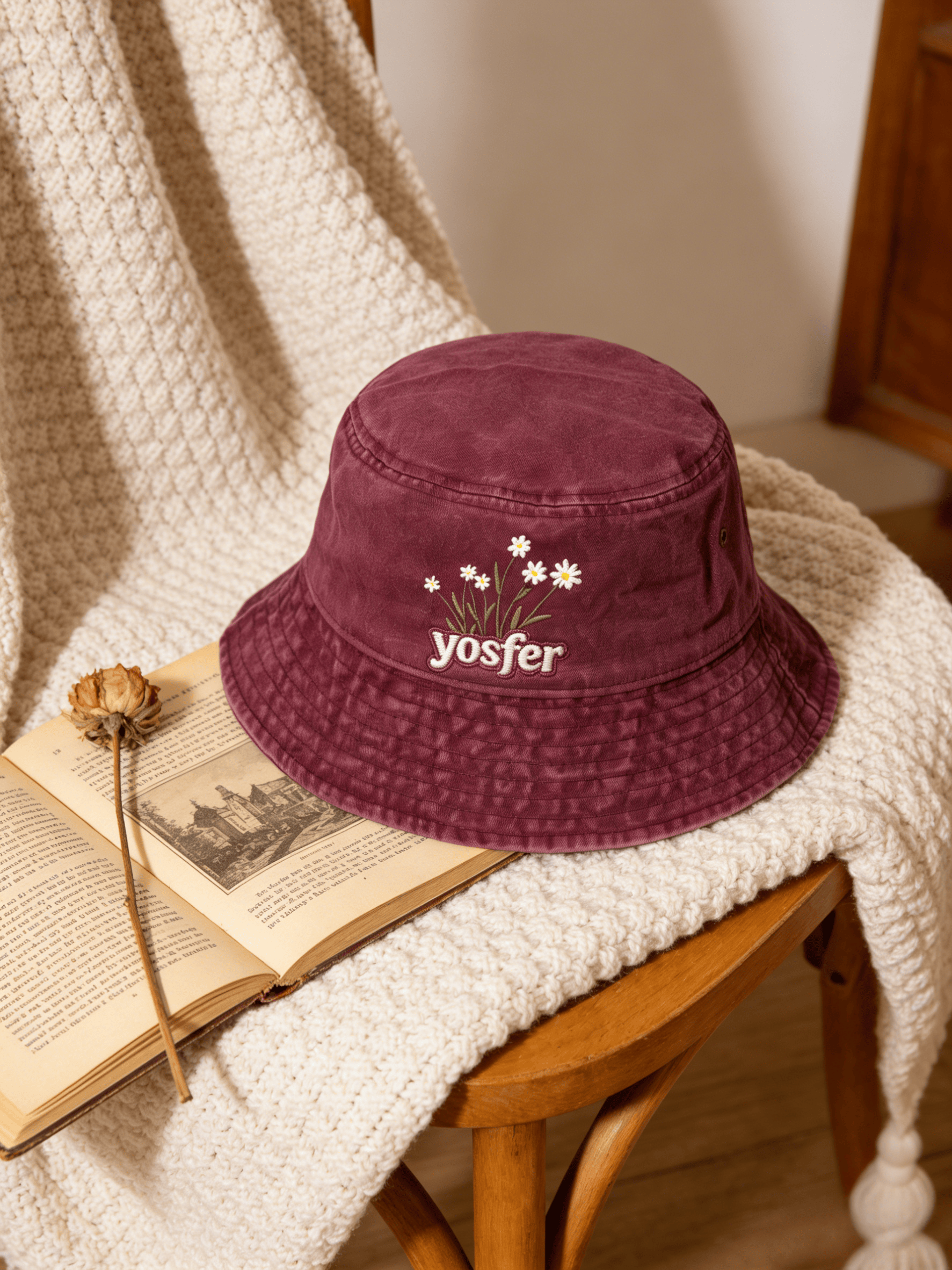 Yosfer Vintage Magenta Floral Daisy Casual Bucket Hat