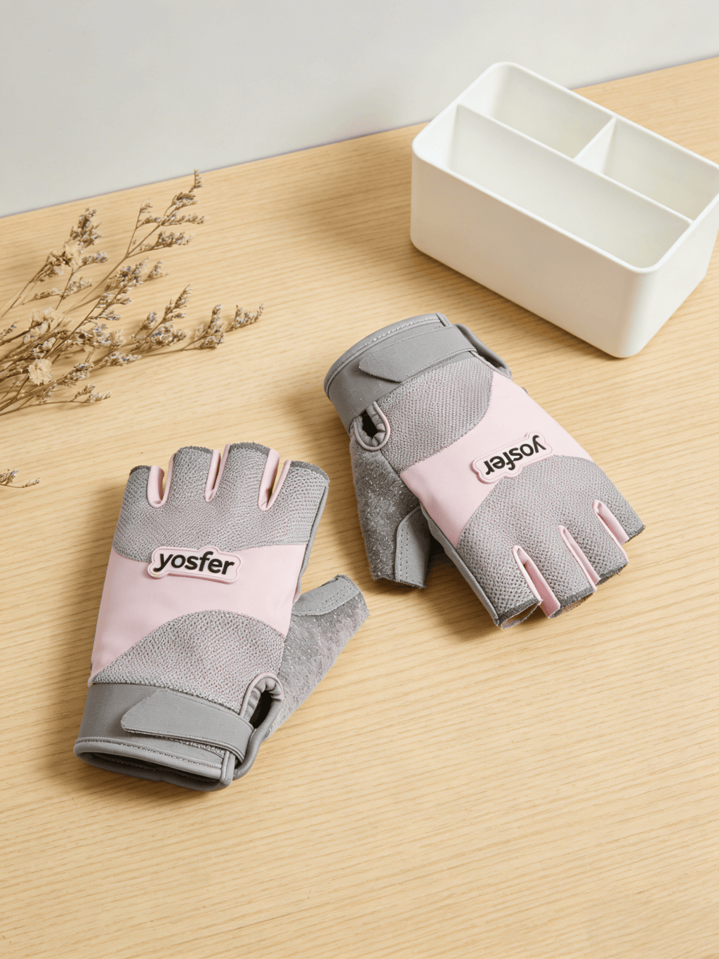 Yosfer Pink Grey Breathable Half Finger Sports Gloves