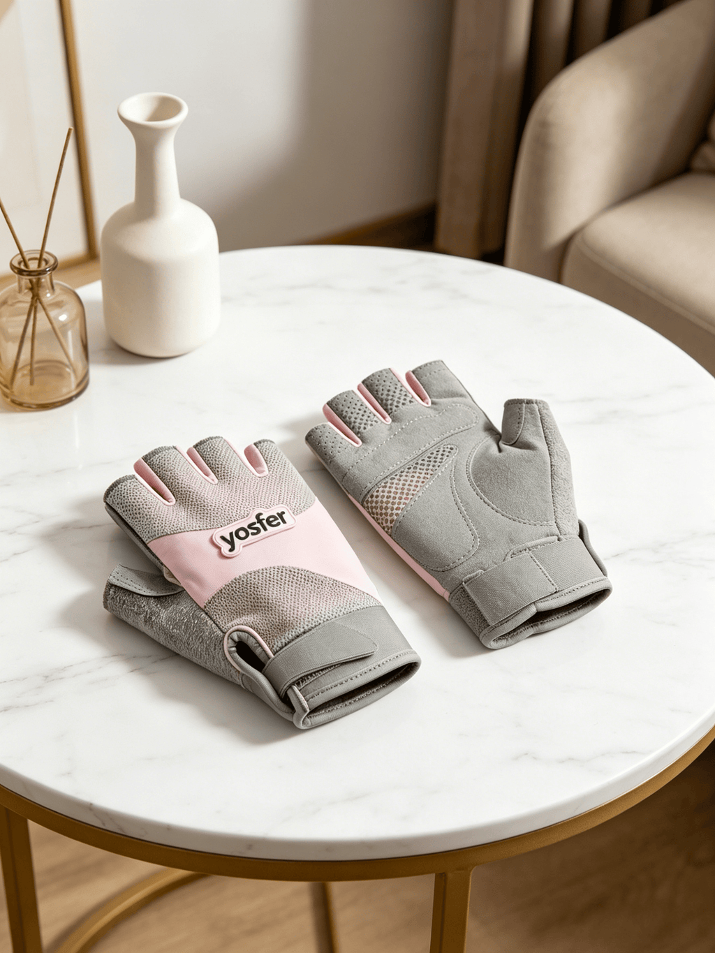 Yosfer Pink Grey Breathable Half Finger Sports Gloves