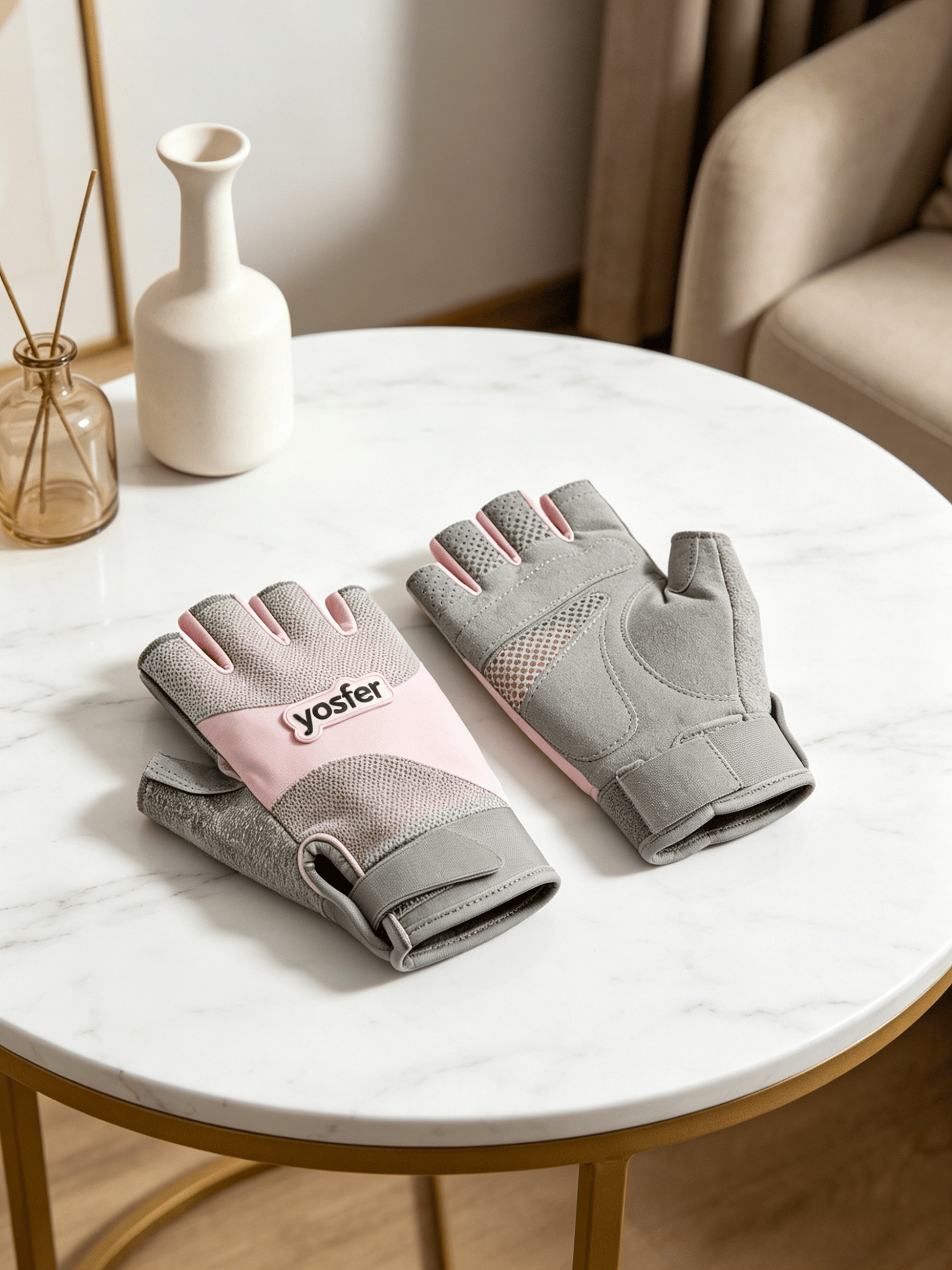 Yosfer Pink Grey Breathable Half Finger Sports Gloves