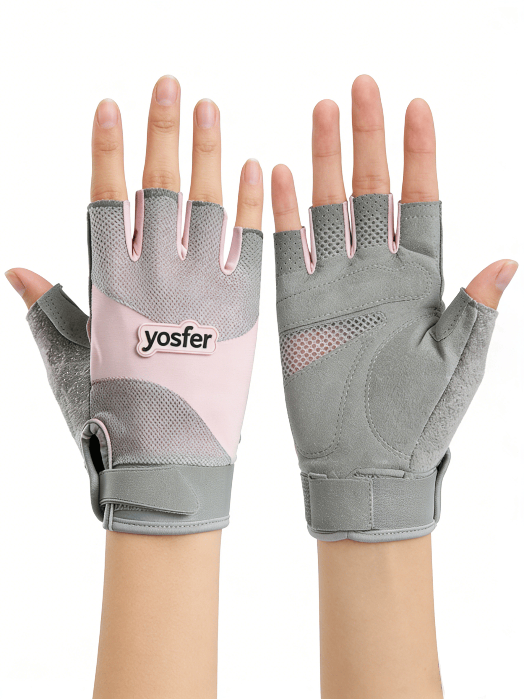 Yosfer Pink Grey Breathable Half Finger Sports Gloves