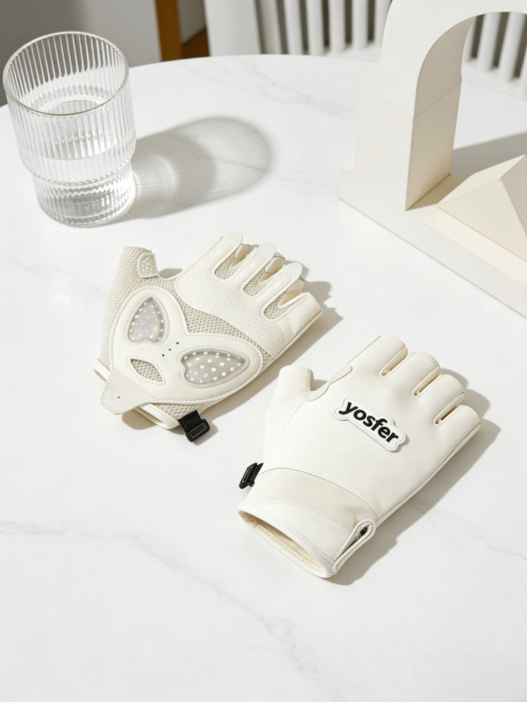 Yosfer Beige Mesh Padded Half Finger Sports Gloves