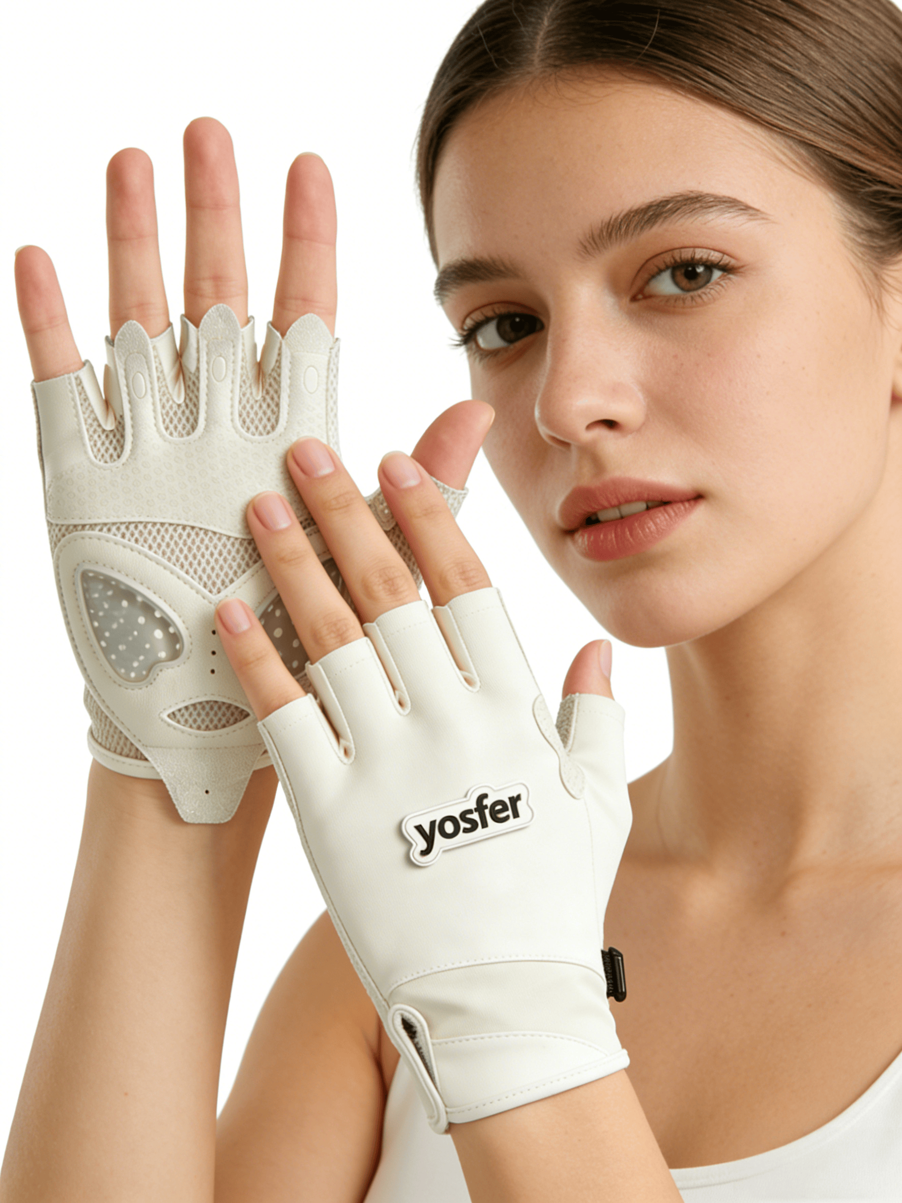Yosfer Beige Mesh Padded Half Finger Sports Gloves