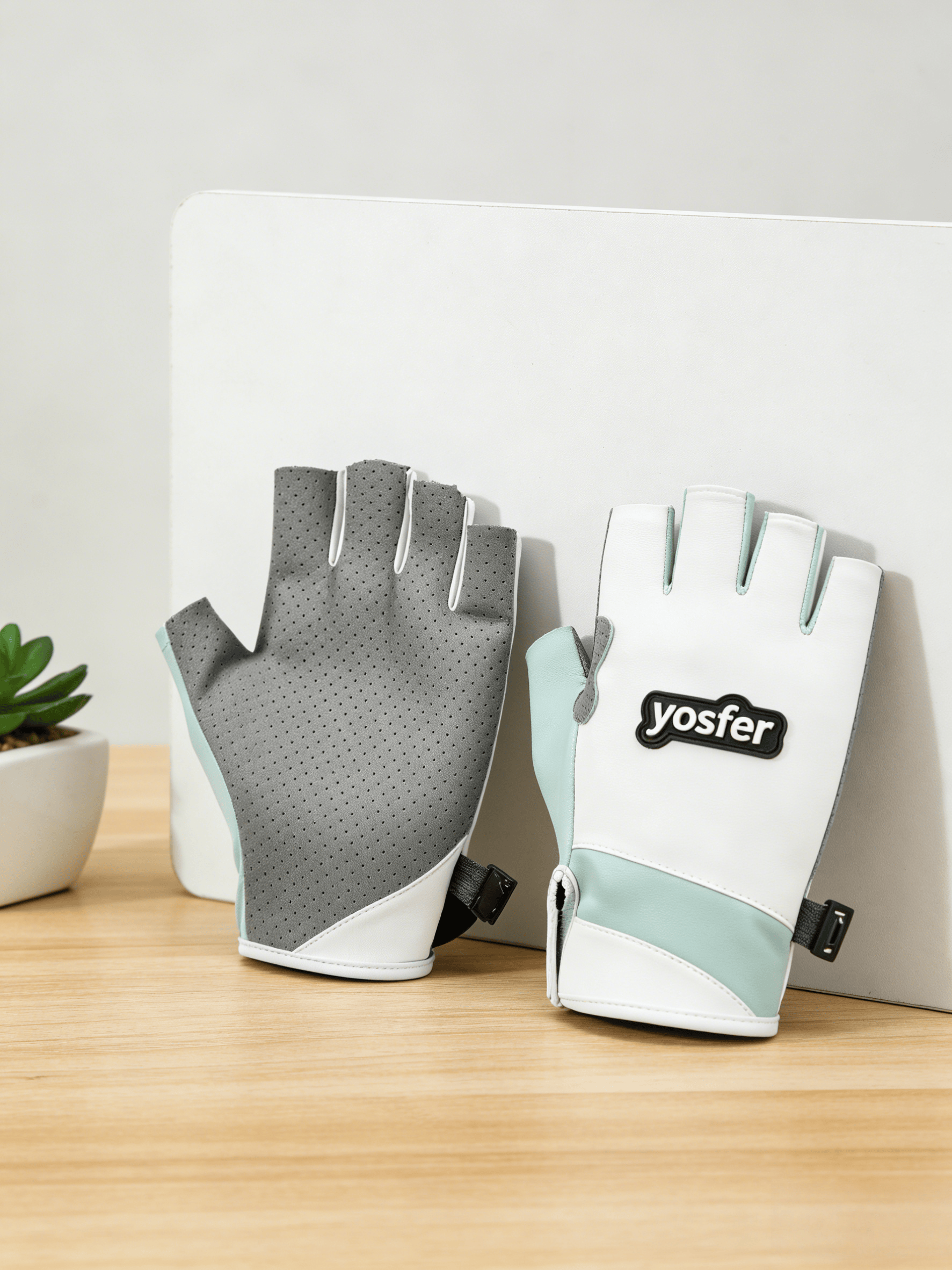 Yosfer White Mint Green Perforated Half Finger Sports Gloves