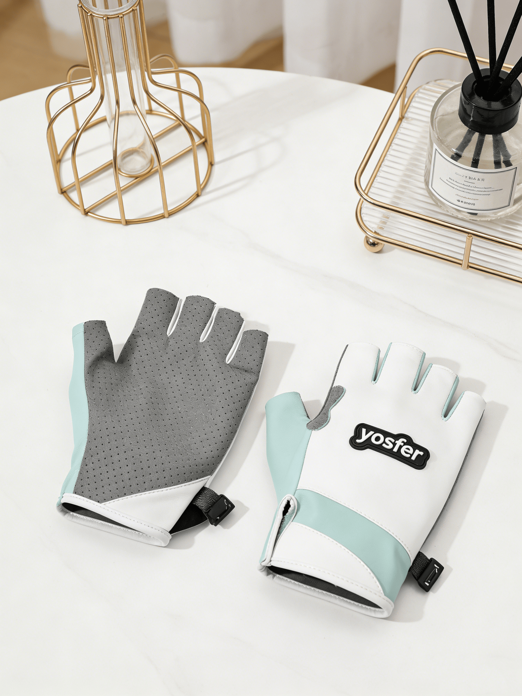 Yosfer White Mint Green Perforated Half Finger Sports Gloves