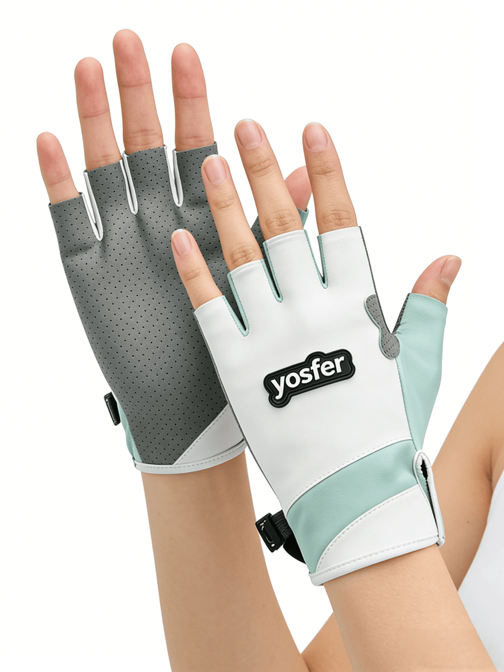 Yosfer White Mint Green Perforated Half Finger Sports Gloves