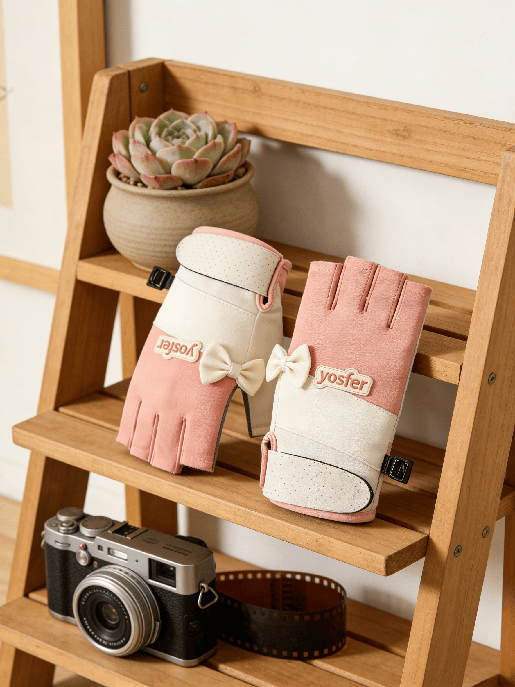 Yosfer Pink White Bow Decor Half Finger Sports Gloves