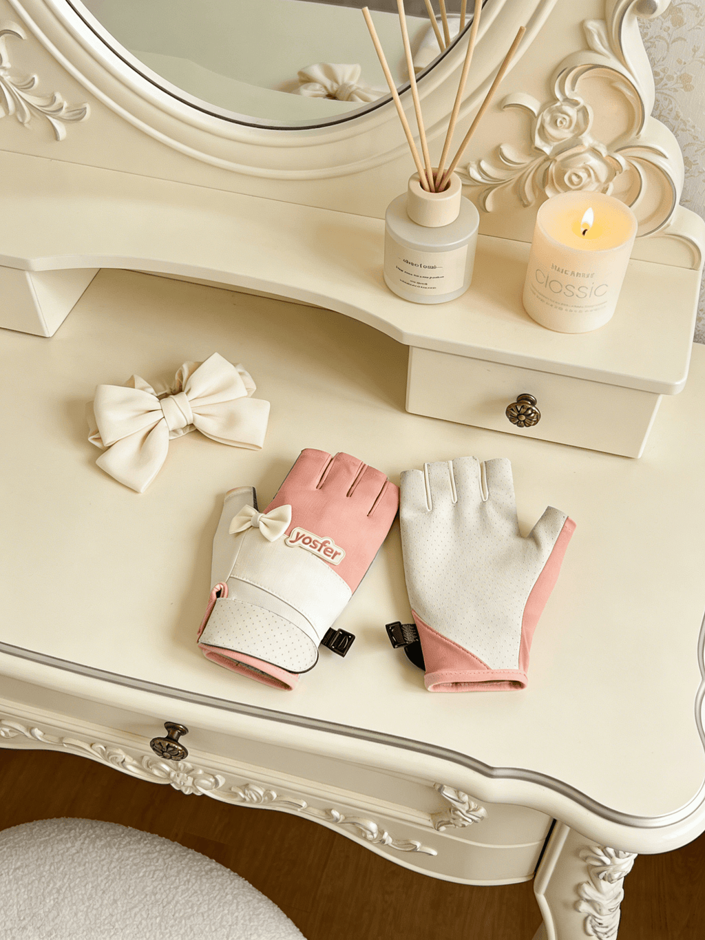 Yosfer Pink White Bow Decor Half Finger Sports Gloves