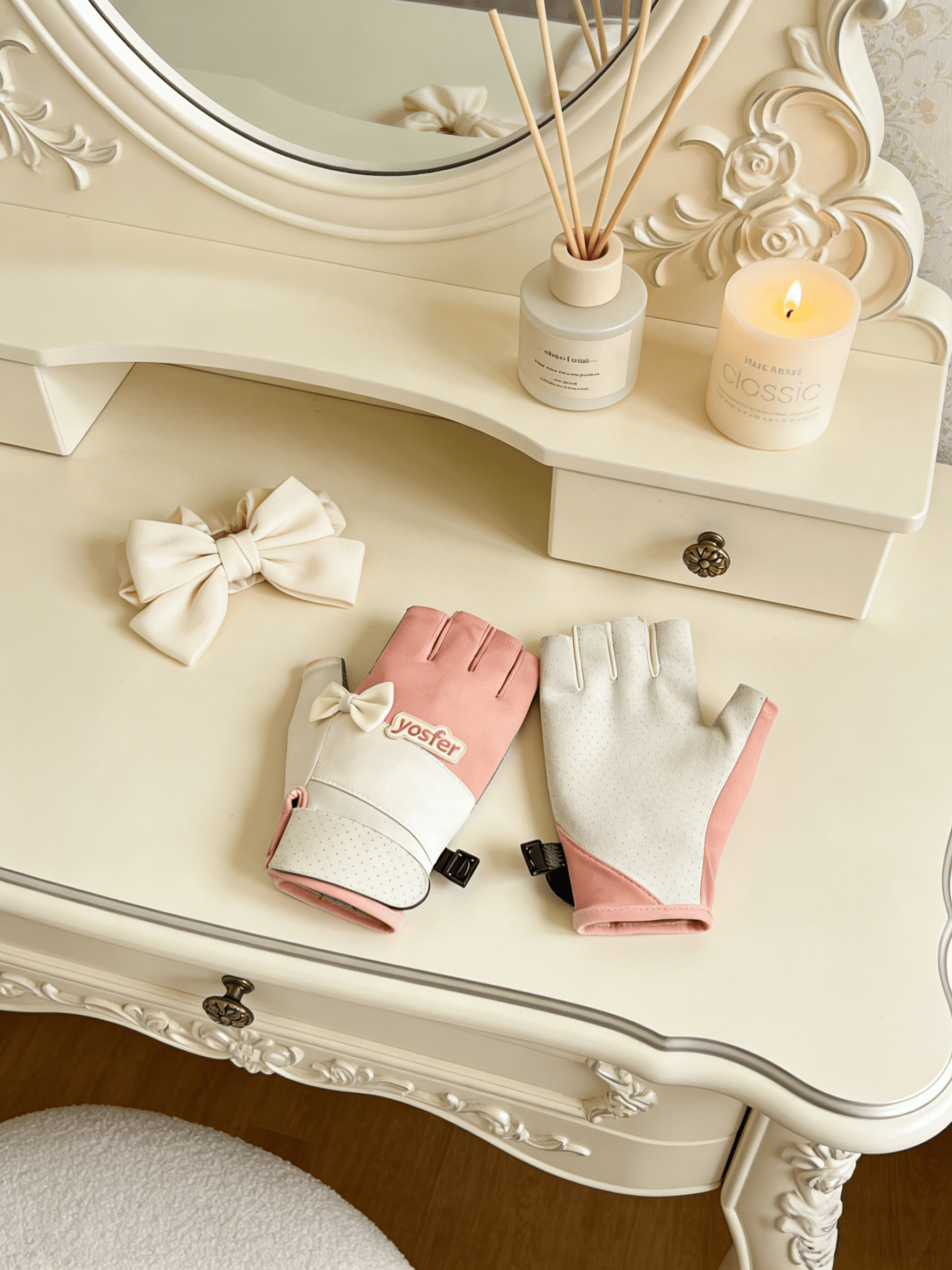 Yosfer Pink White Bow Decor Half Finger Sports Gloves