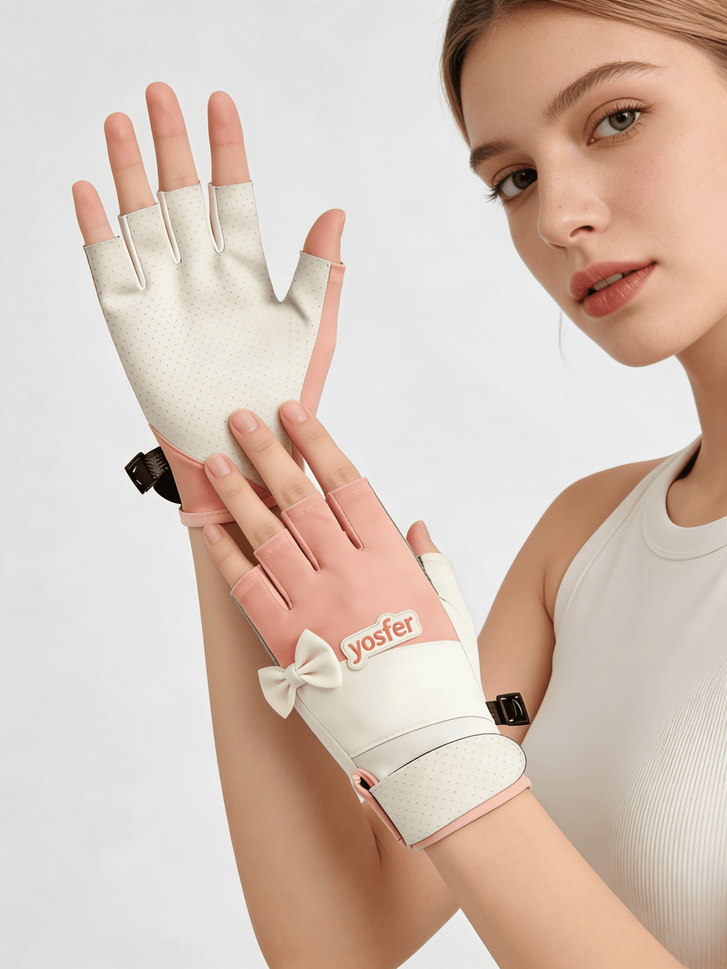 Yosfer Pink White Bow Decor Half Finger Sports Gloves