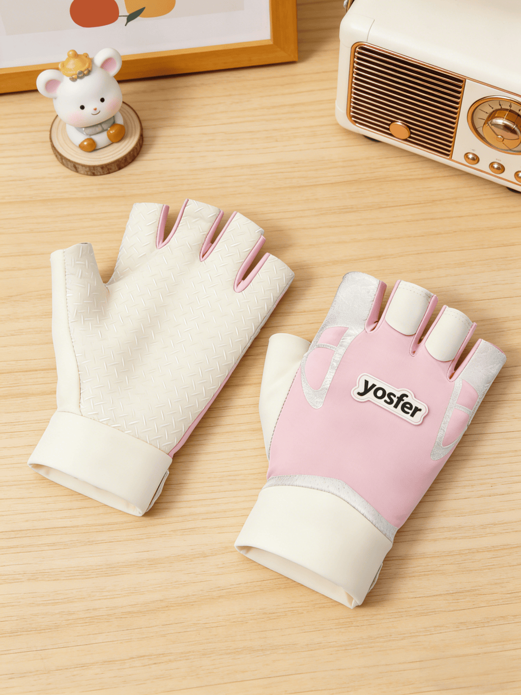 Yosfer Pink Beige Textured Half Finger Sports Gloves