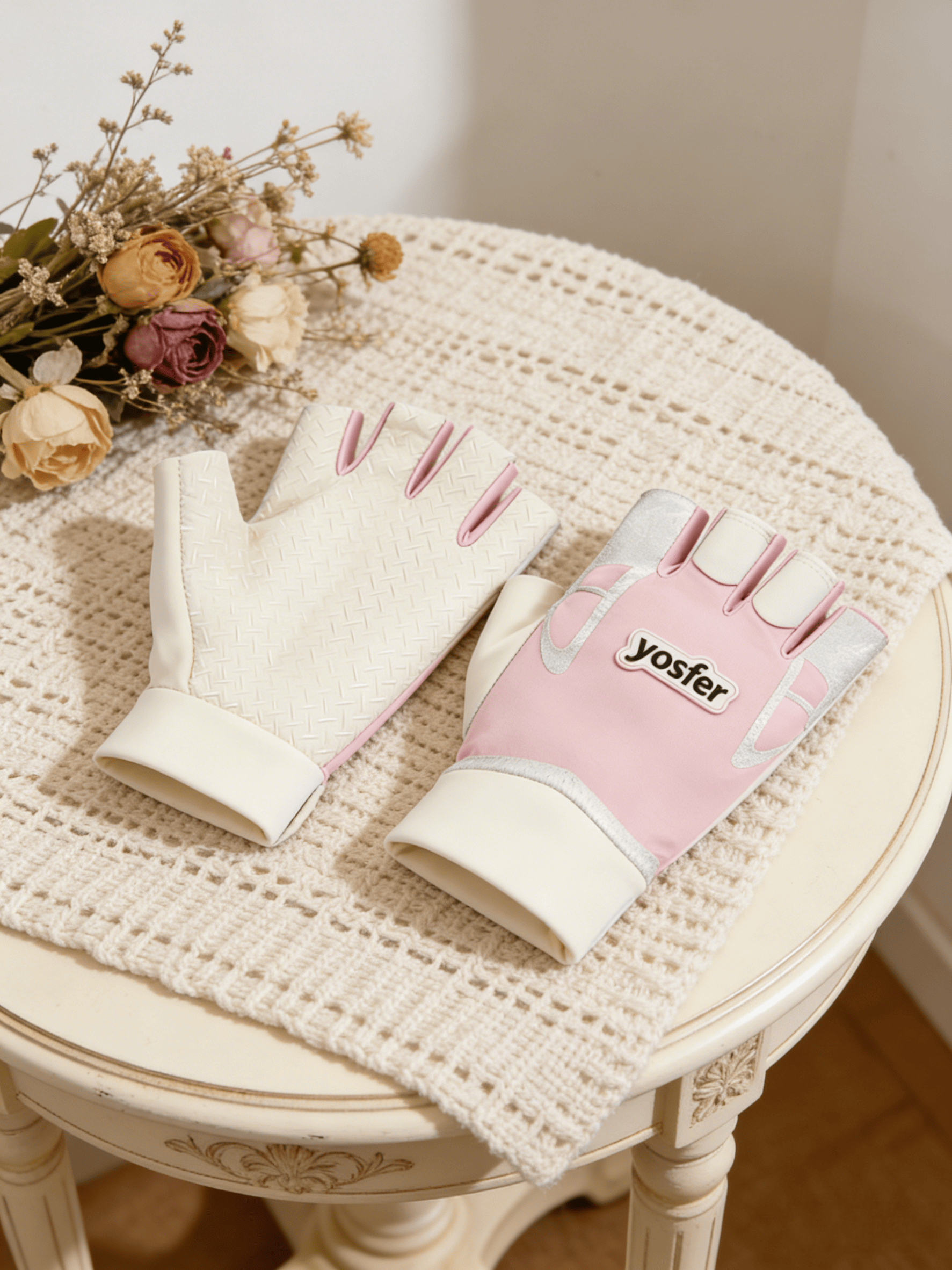 Yosfer Pink Beige Textured Half Finger Sports Gloves
