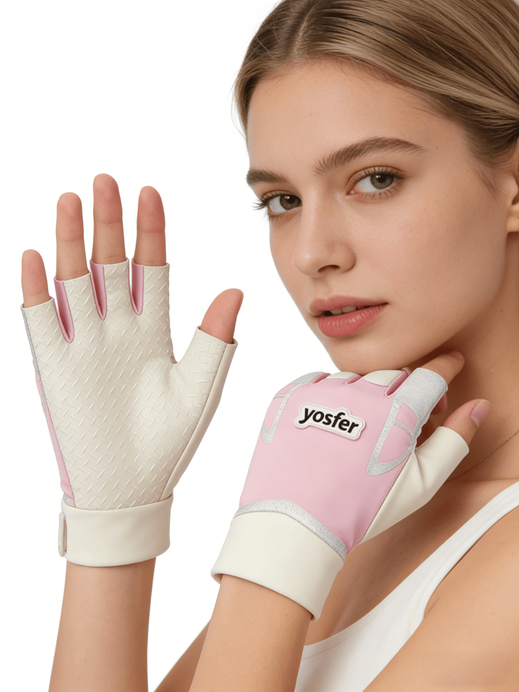 Yosfer Pink Beige Textured Half Finger Sports Gloves