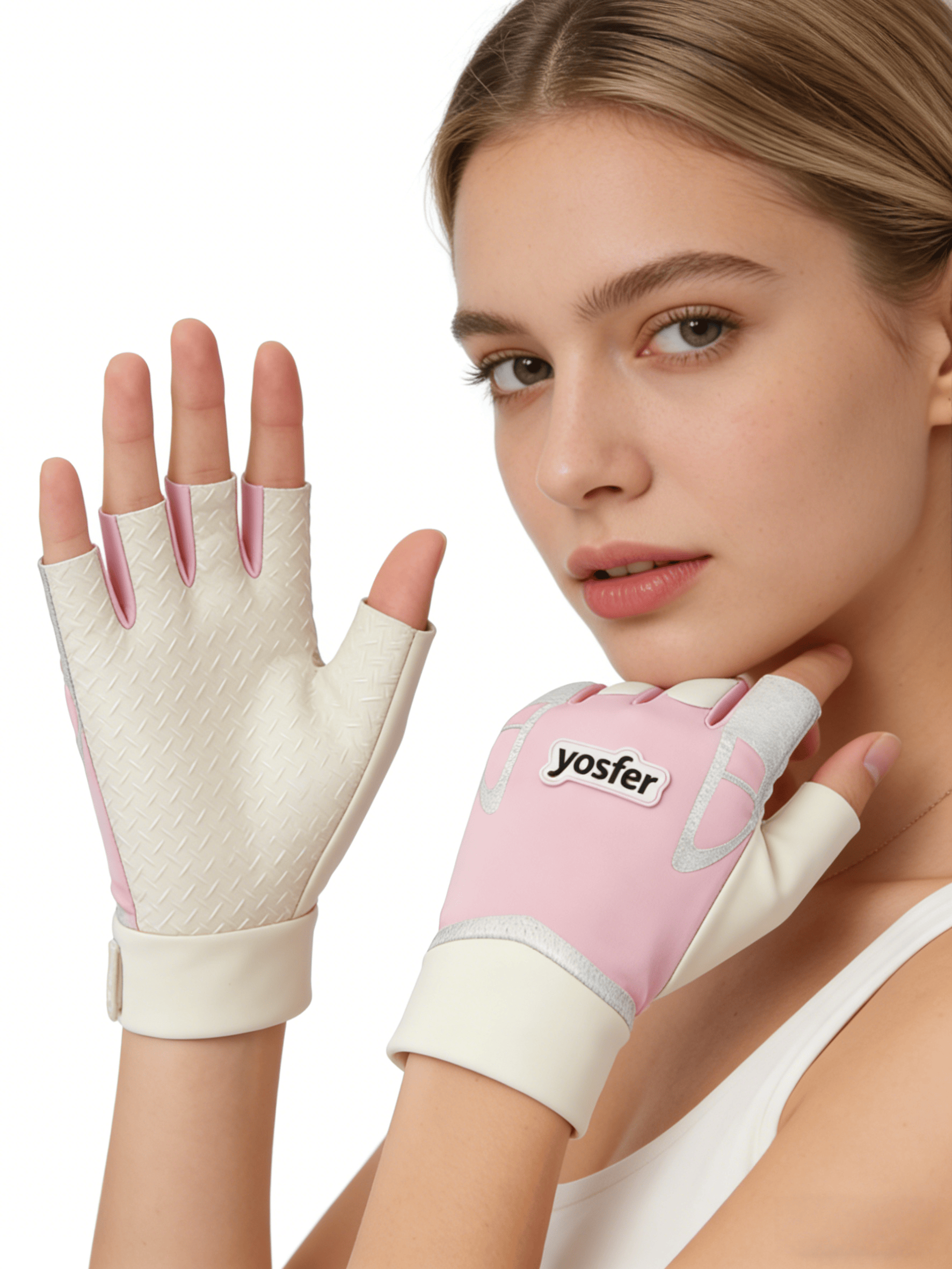 Yosfer Pink Beige Textured Half Finger Sports Gloves