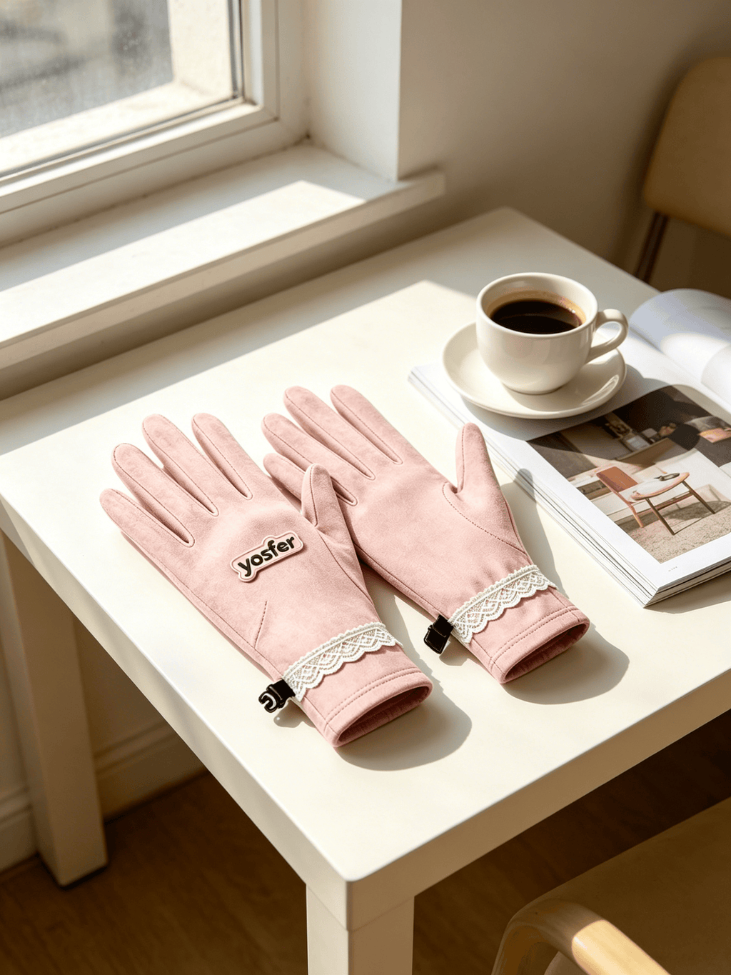 Yosfer Blush Pink Lace Trim Full Finger Gloves