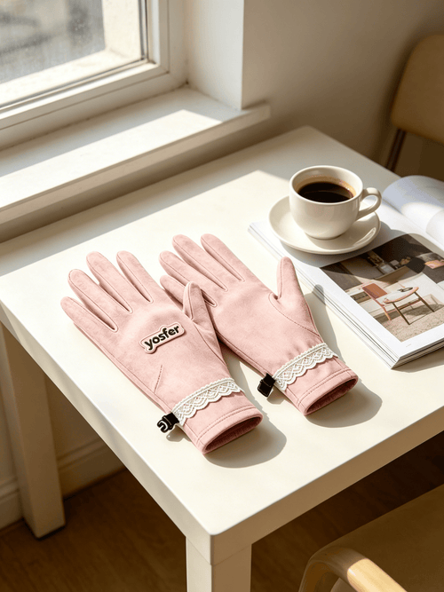 Yosfer Blush Pink Lace Trim Full Finger Gloves