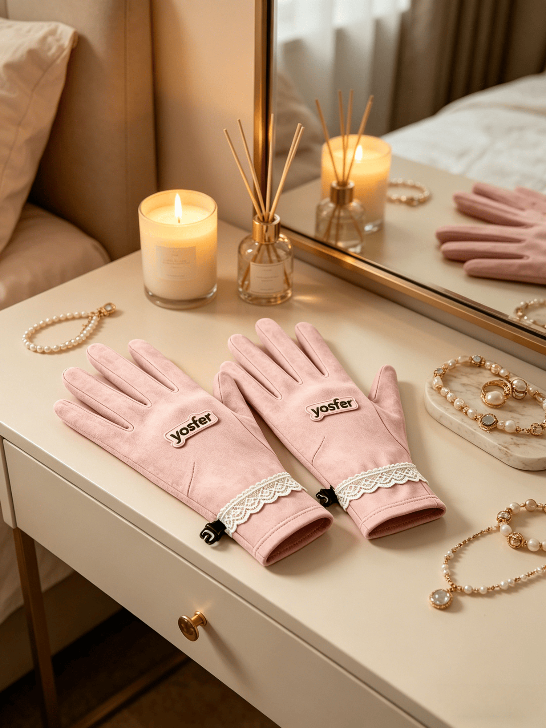 Yosfer Blush Pink Lace Trim Full Finger Gloves