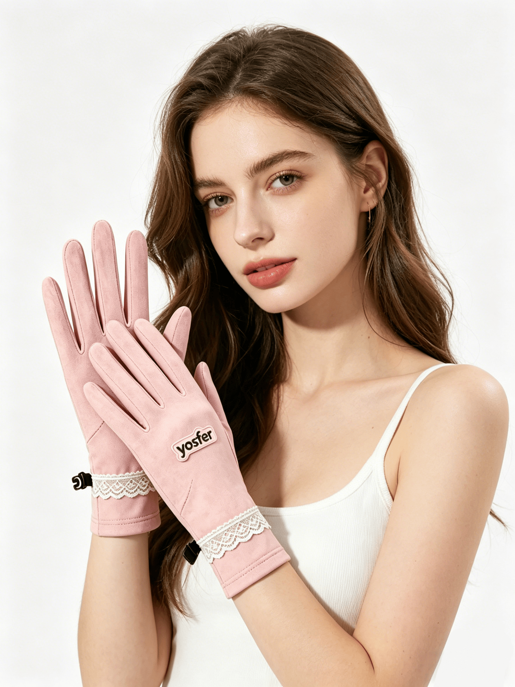 Yosfer Blush Pink Lace Trim Full Finger Gloves