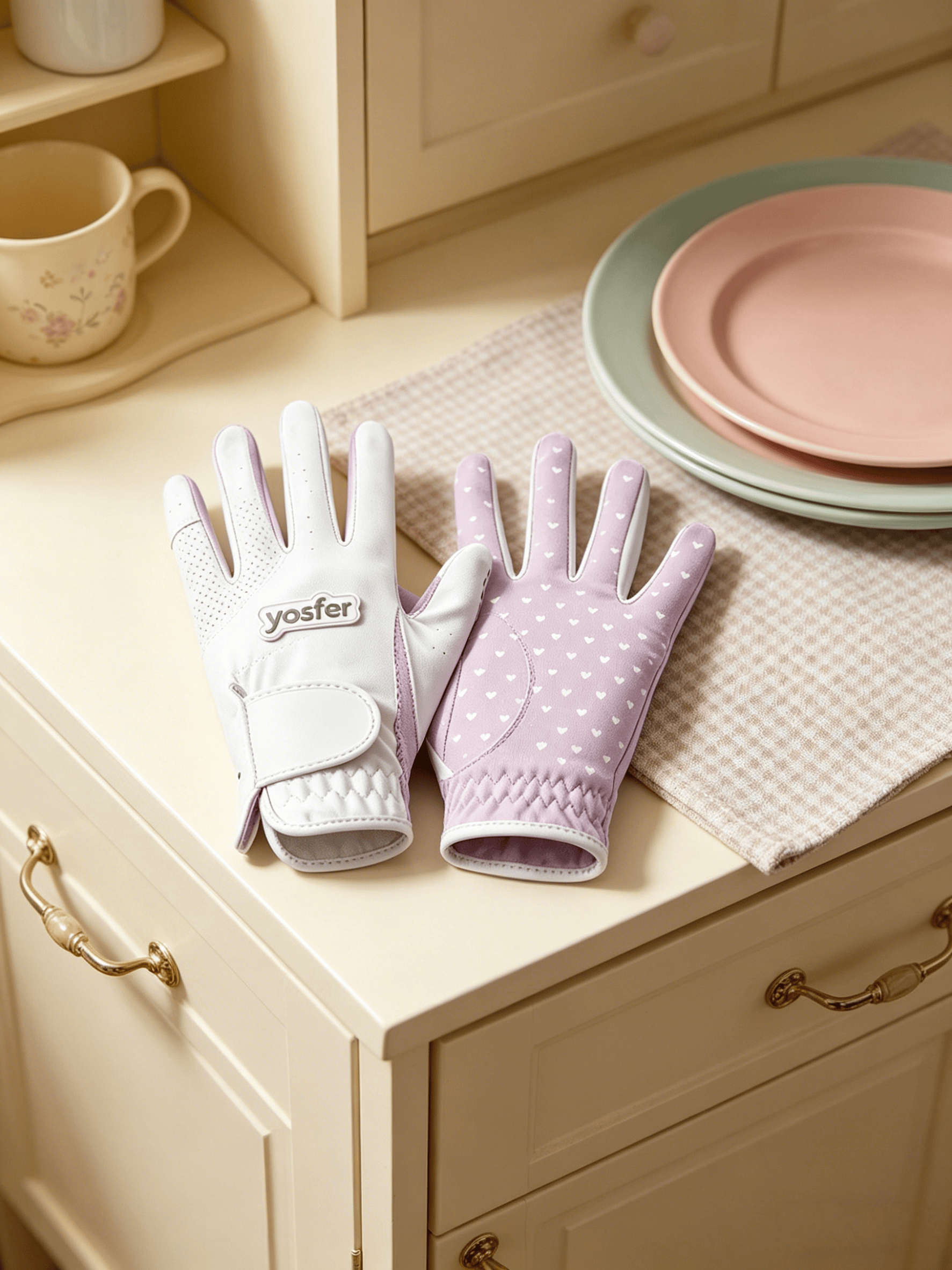 Yosfer Lavender White Heart Print Full Finger Sports Gloves