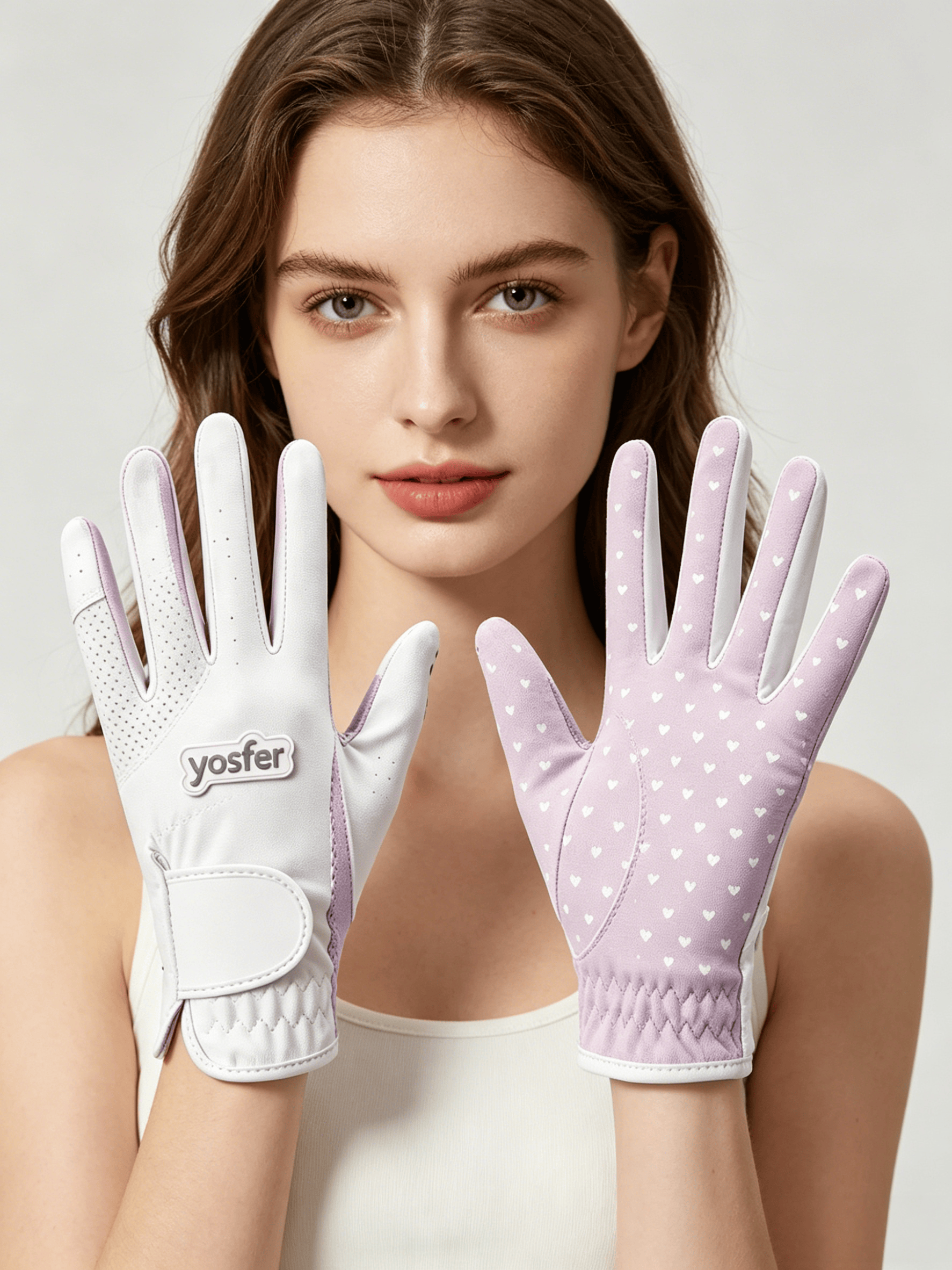 Yosfer Lavender White Heart Print Full Finger Sports Gloves