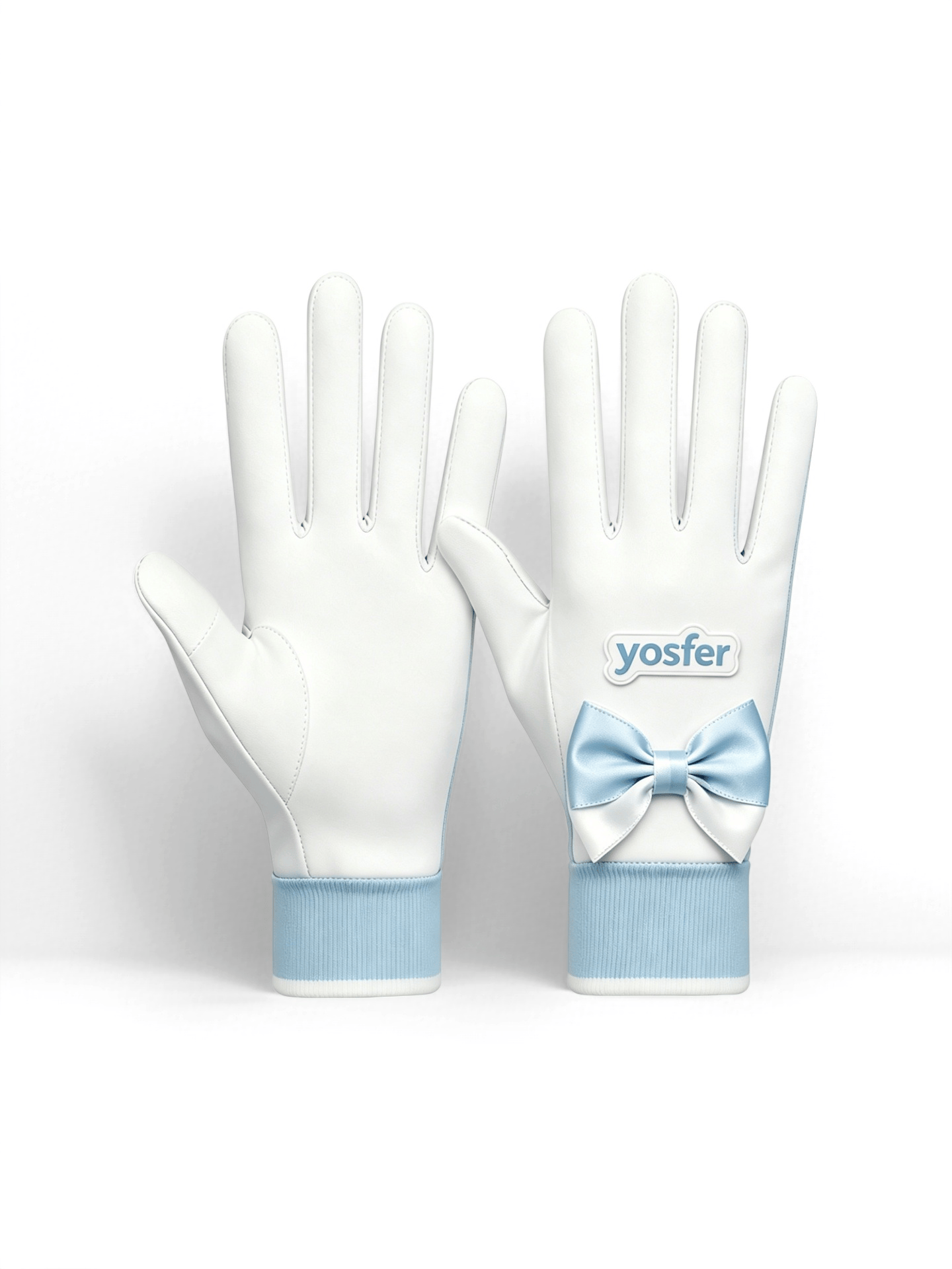 Yosfer White Blue Ribbon Bow Full Finger Sports Gloves