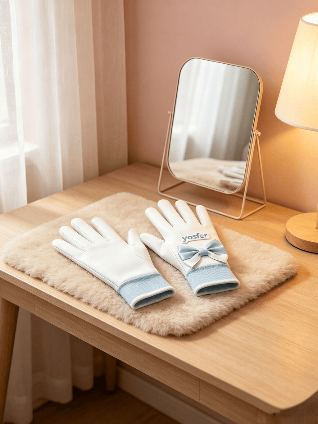 Yosfer White Blue Ribbon Bow Full Finger Sports Gloves