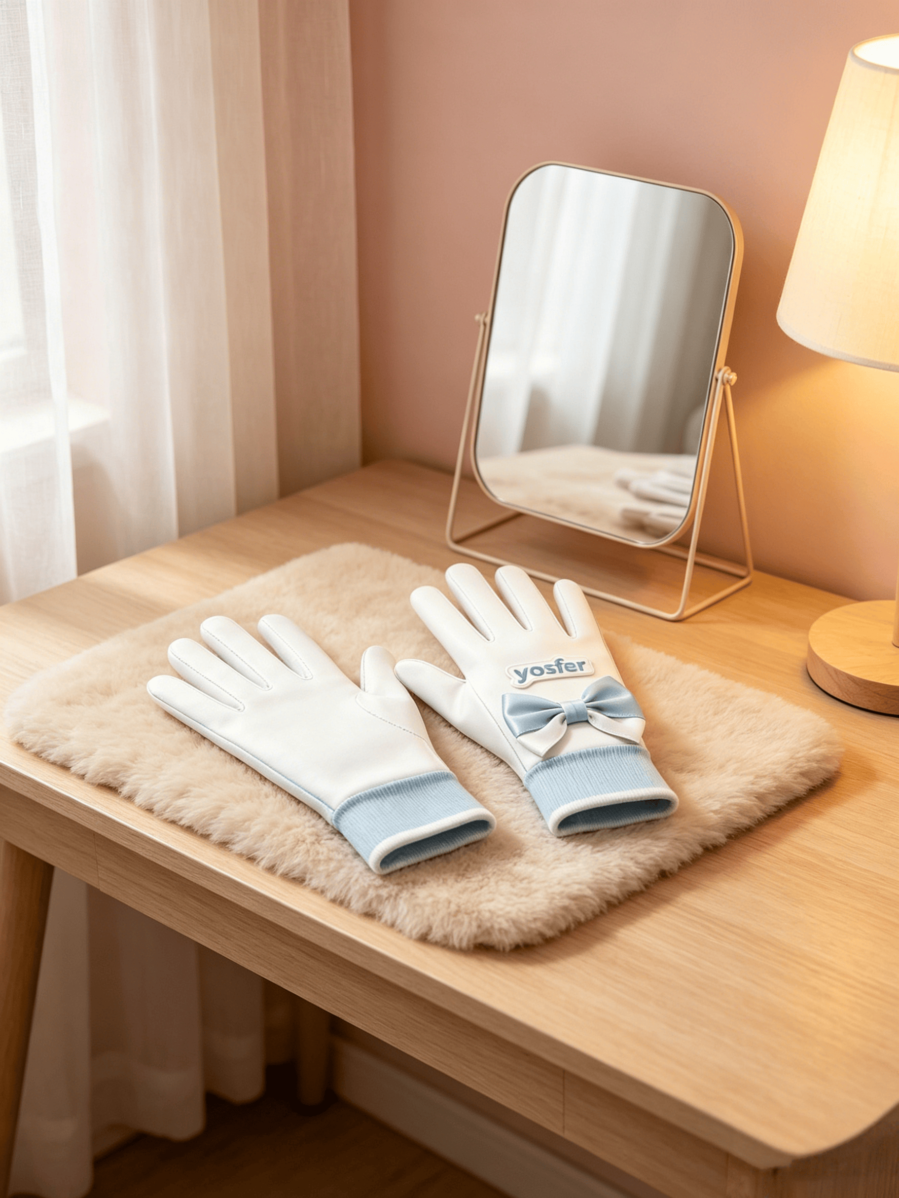 Yosfer White Blue Ribbon Bow Full Finger Sports Gloves