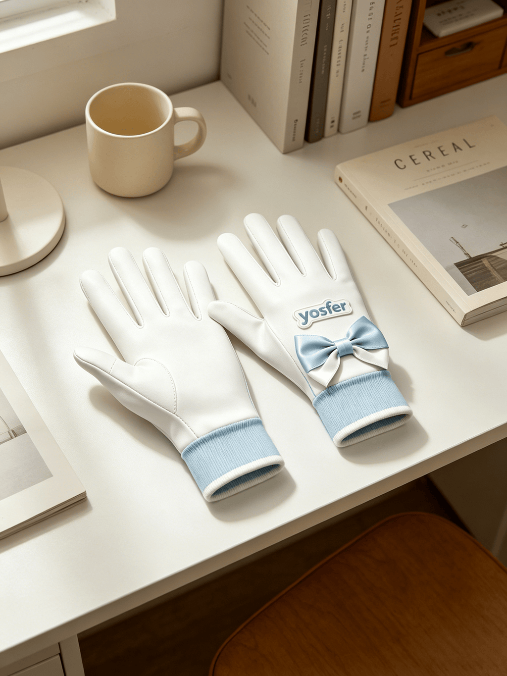 Yosfer White Blue Ribbon Bow Full Finger Sports Gloves