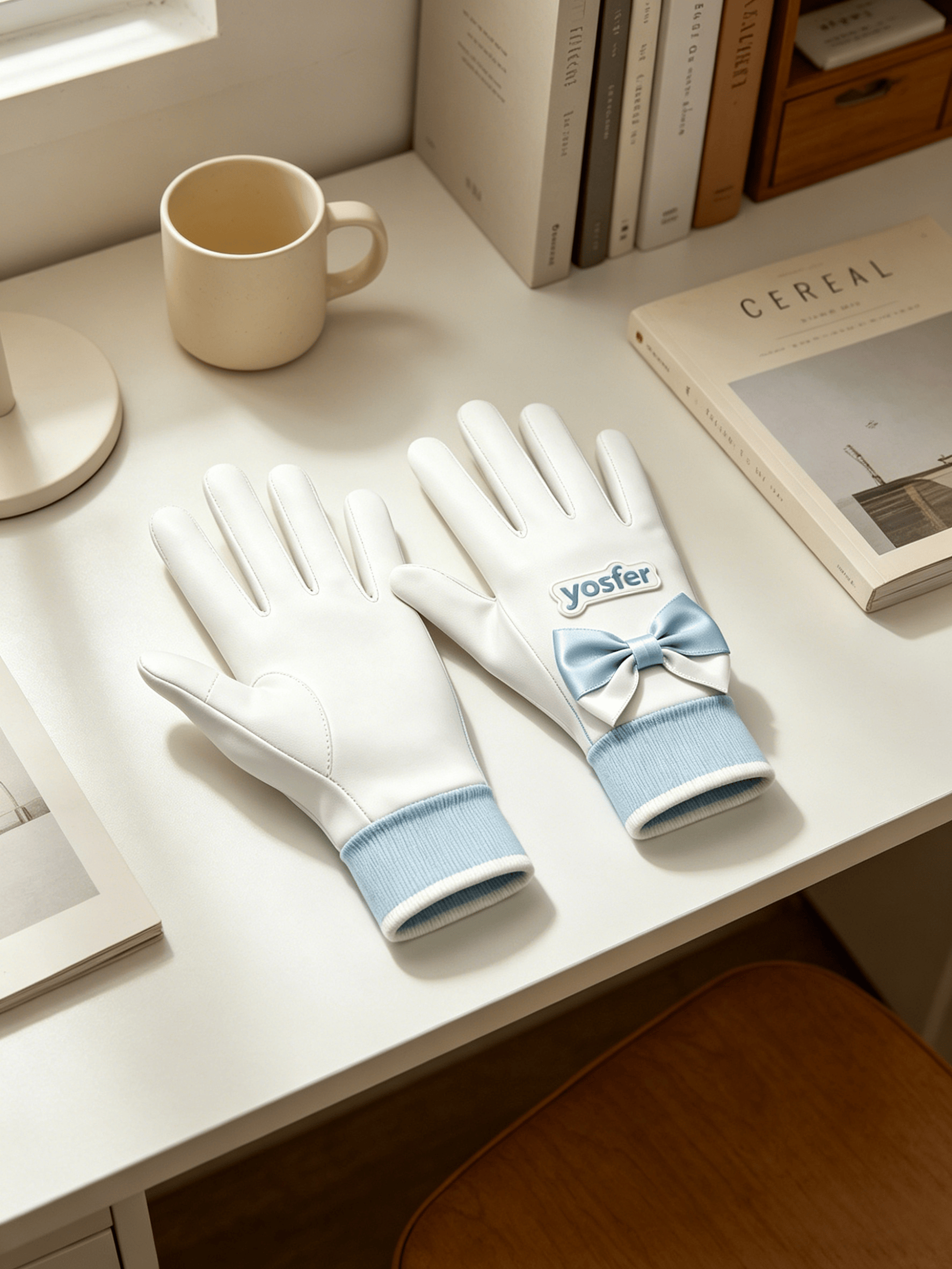 Yosfer White Blue Ribbon Bow Full Finger Sports Gloves