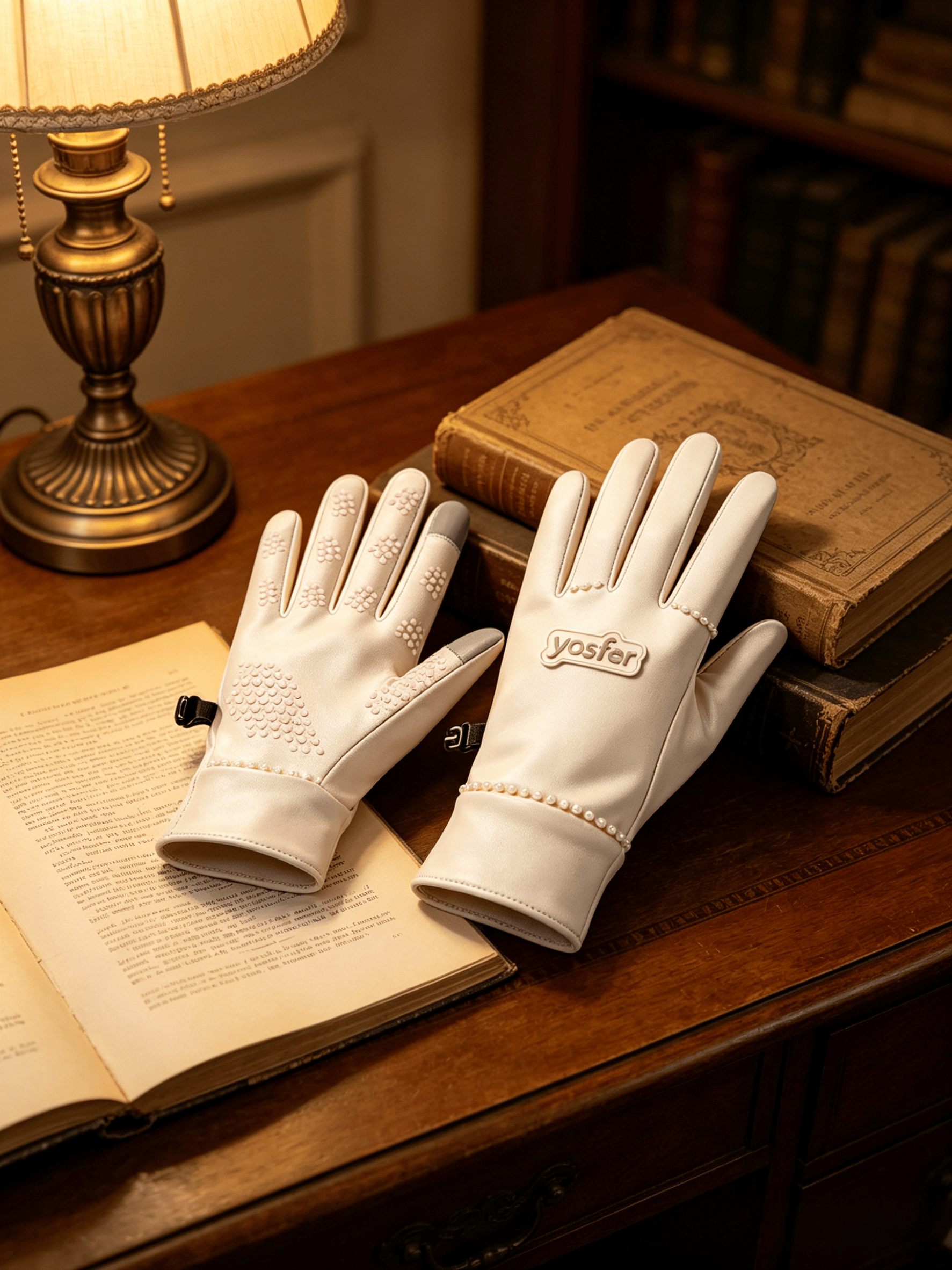 Yosfer Light Beige Elegant Pearl Accent Outdoor Gloves