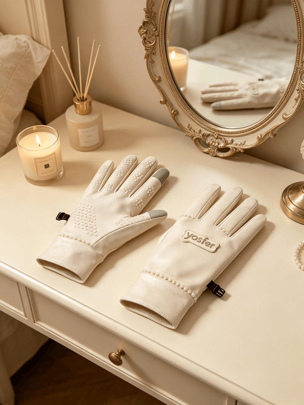 Yosfer Light Beige Elegant Pearl Accent Outdoor Gloves