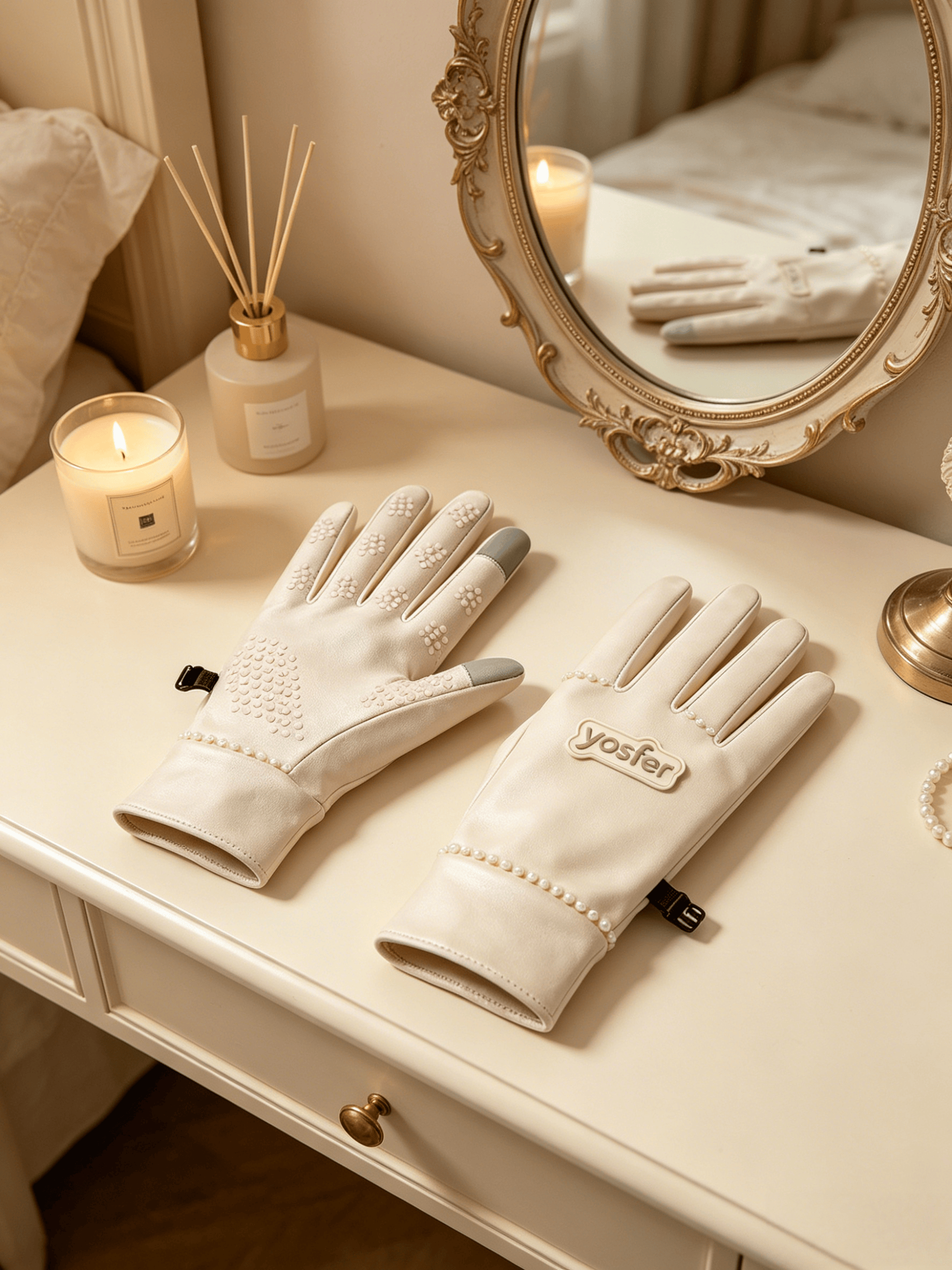 Yosfer Light Beige Elegant Pearl Accent Outdoor Gloves