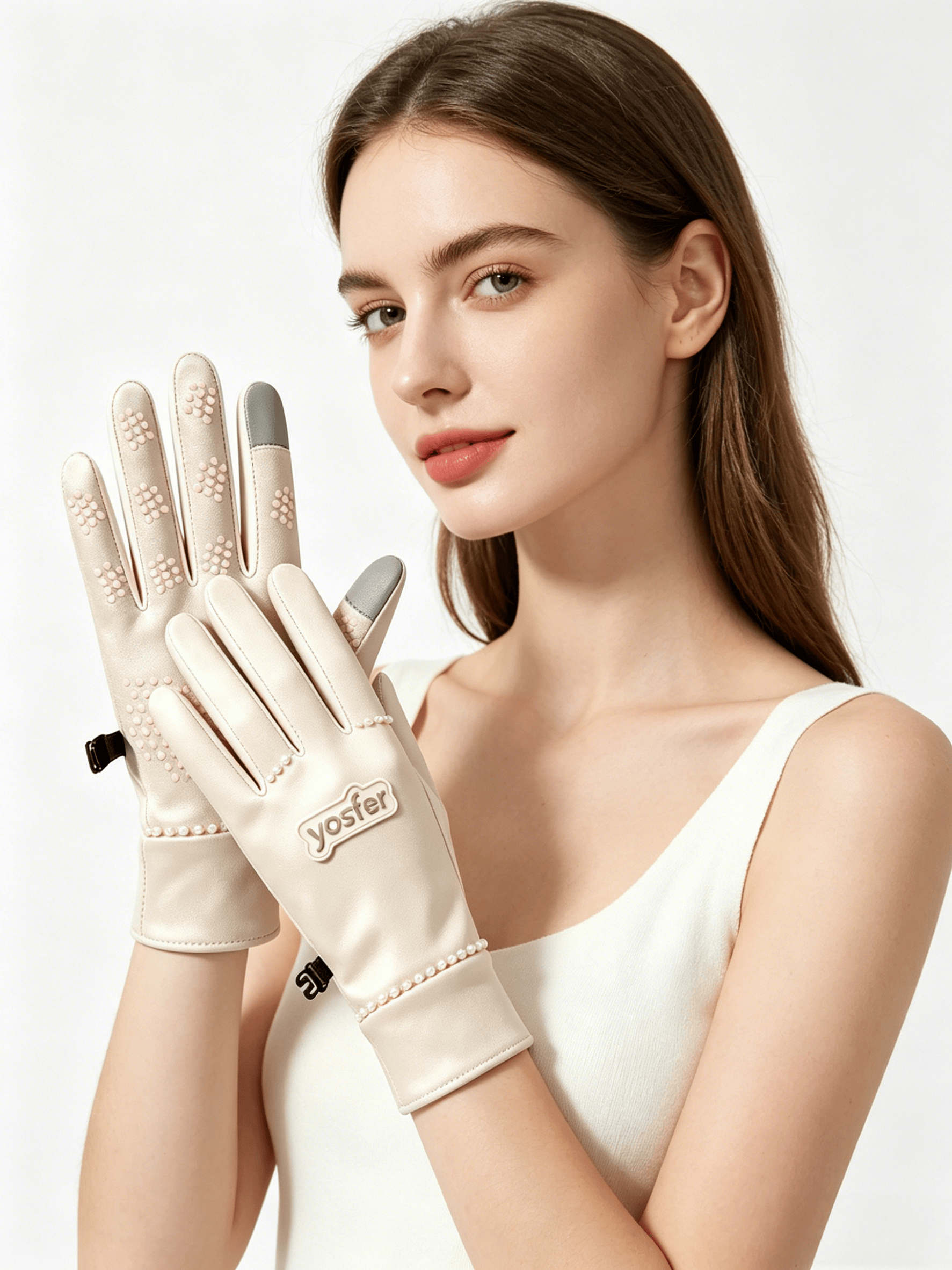 Yosfer Light Beige Elegant Pearl Accent Outdoor Gloves