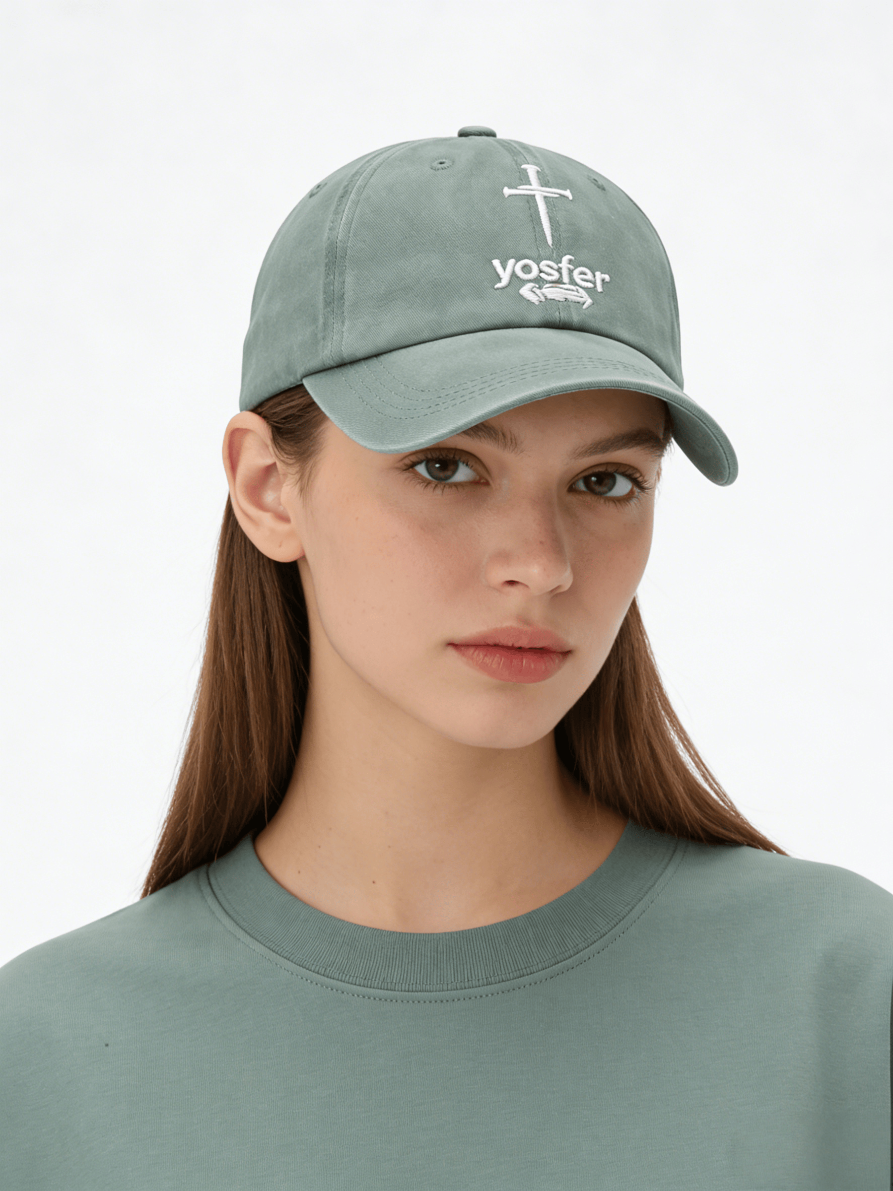 Yosfer Washed Olive Green Cross Logo Baseball Cap