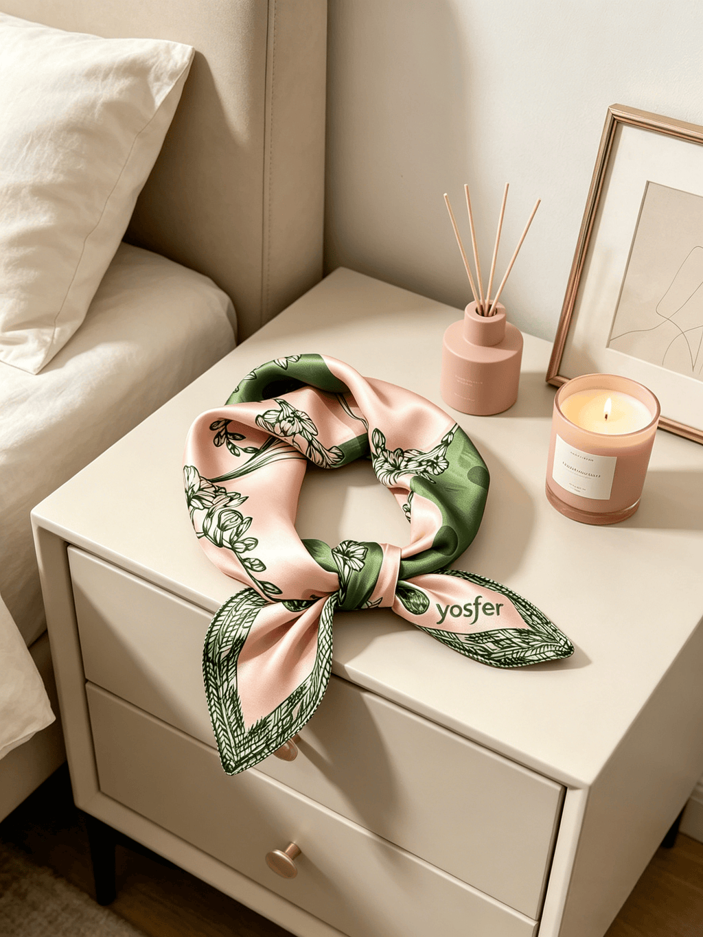 Yosfer Retro Pink and Green Botanical Print Satin Neckerchief