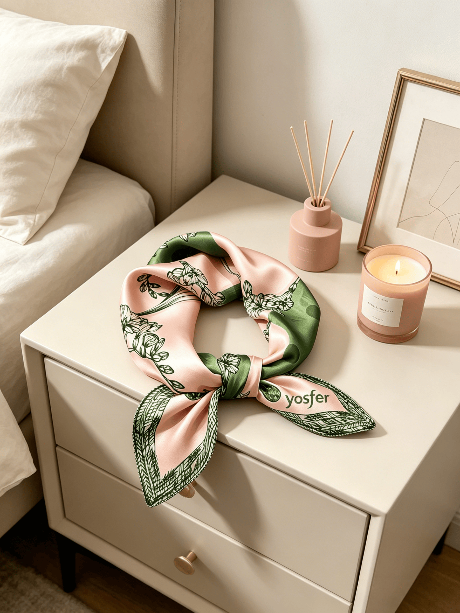 Yosfer Retro Pink and Green Botanical Print Satin Neckerchief