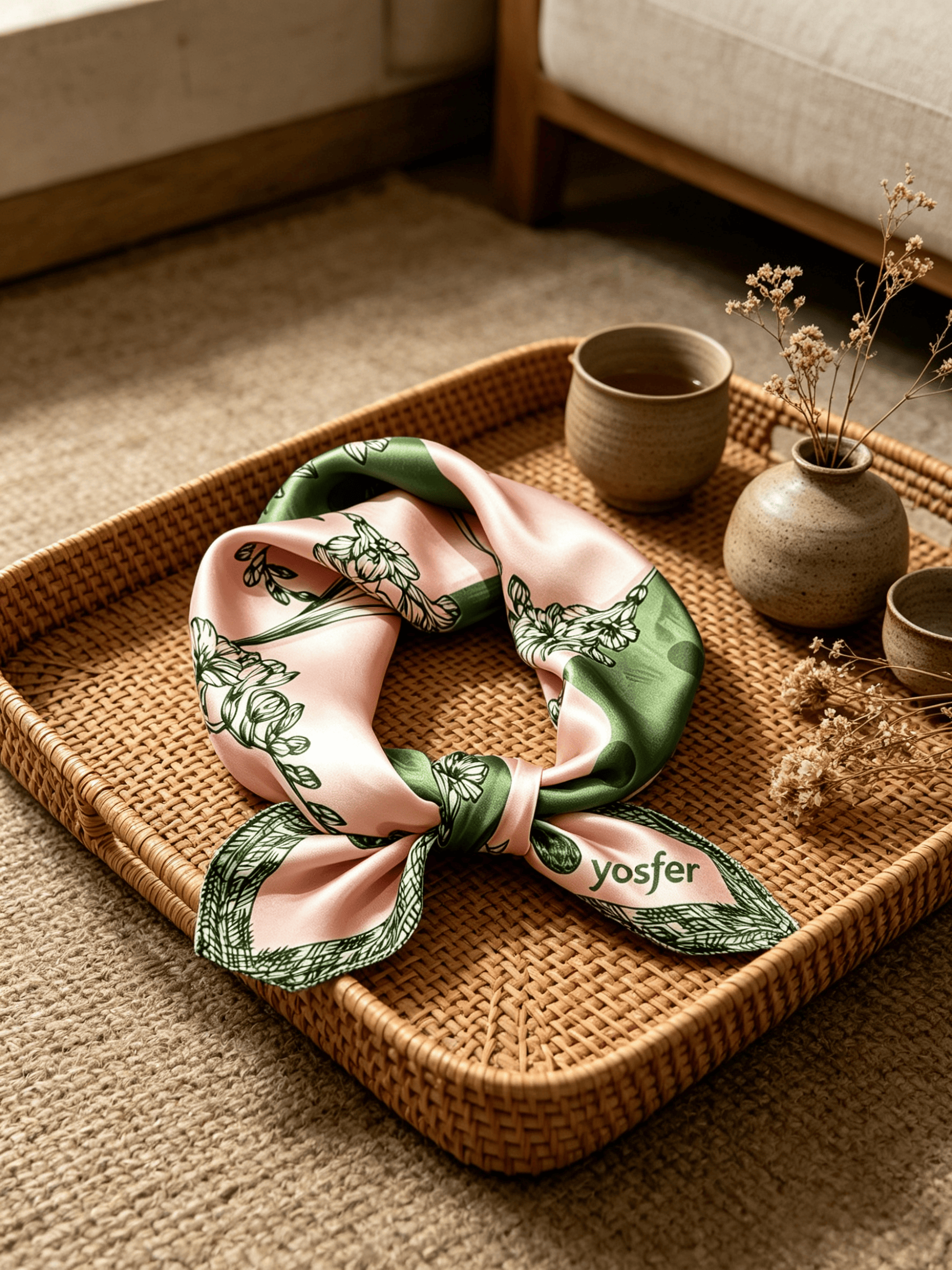 Yosfer Retro Pink and Green Botanical Print Satin Neckerchief