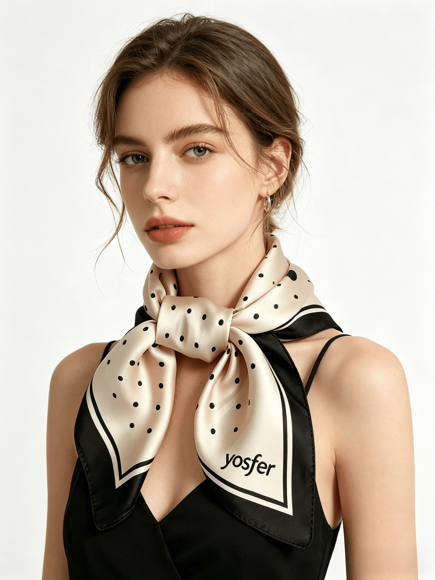 Yosfer Retro Beige Black Polka Dot Silk Neckerchief