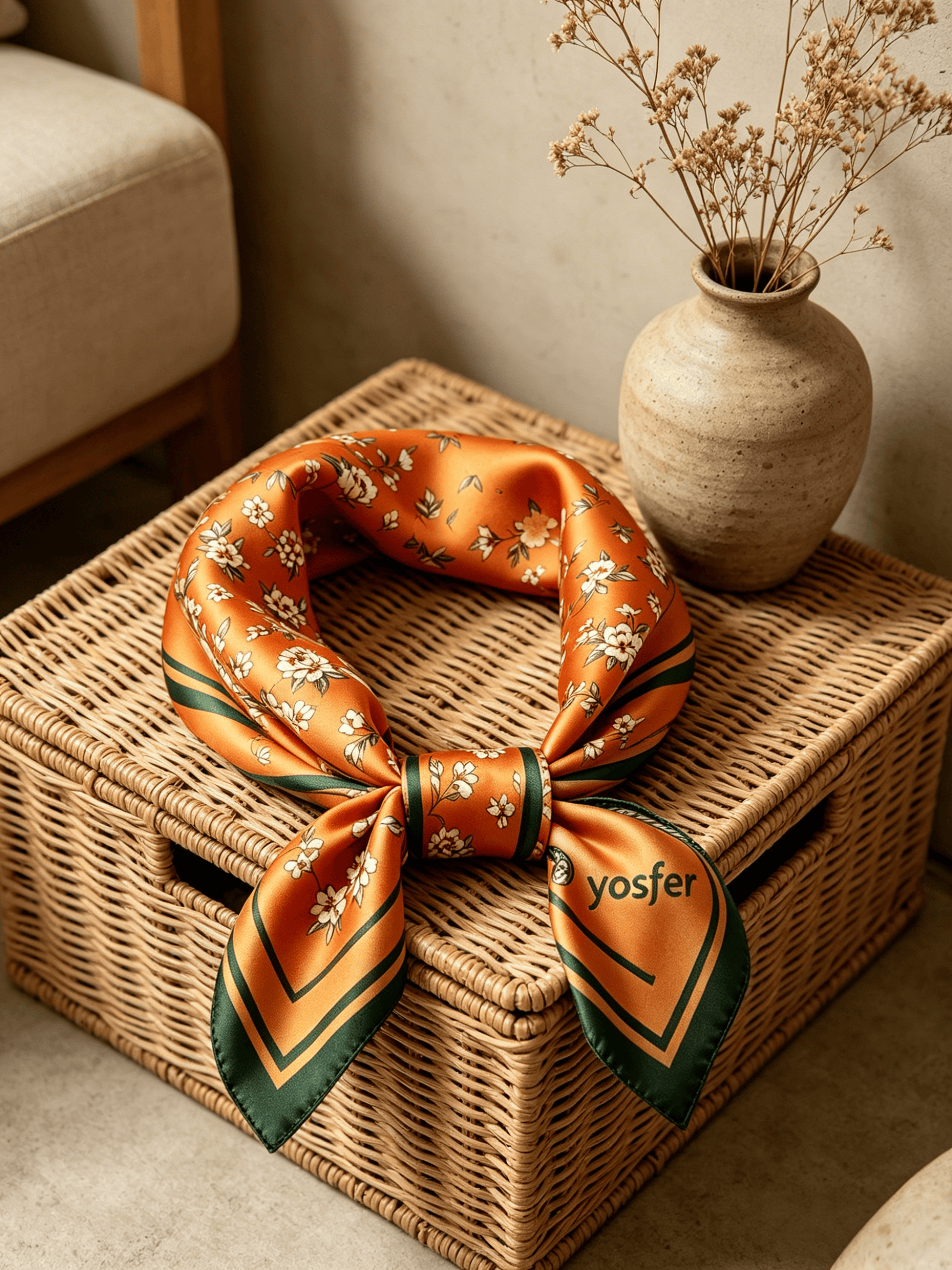 Yosfer Burnt Orange Floral Print Satin Neckerchief