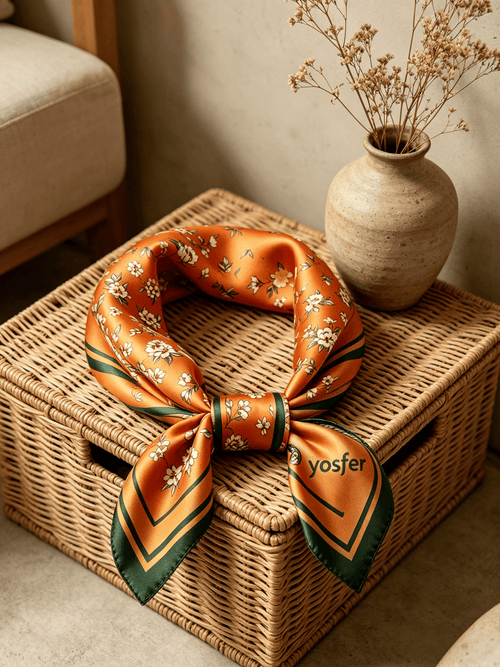 Yosfer Burnt Orange Floral Print Satin Neckerchief