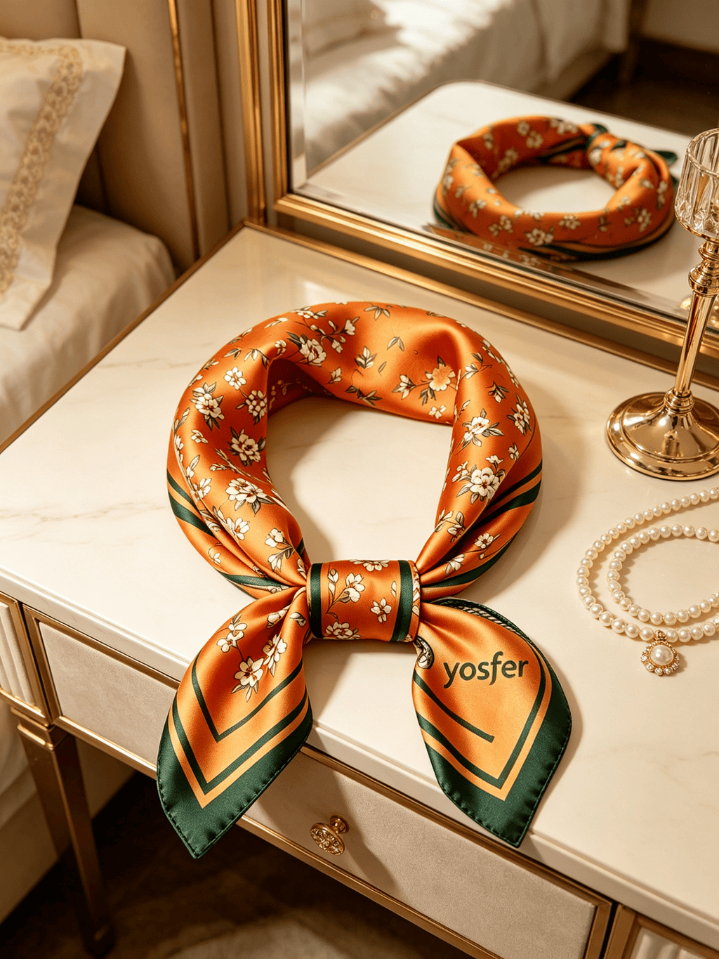 Yosfer Burnt Orange Floral Print Satin Neckerchief