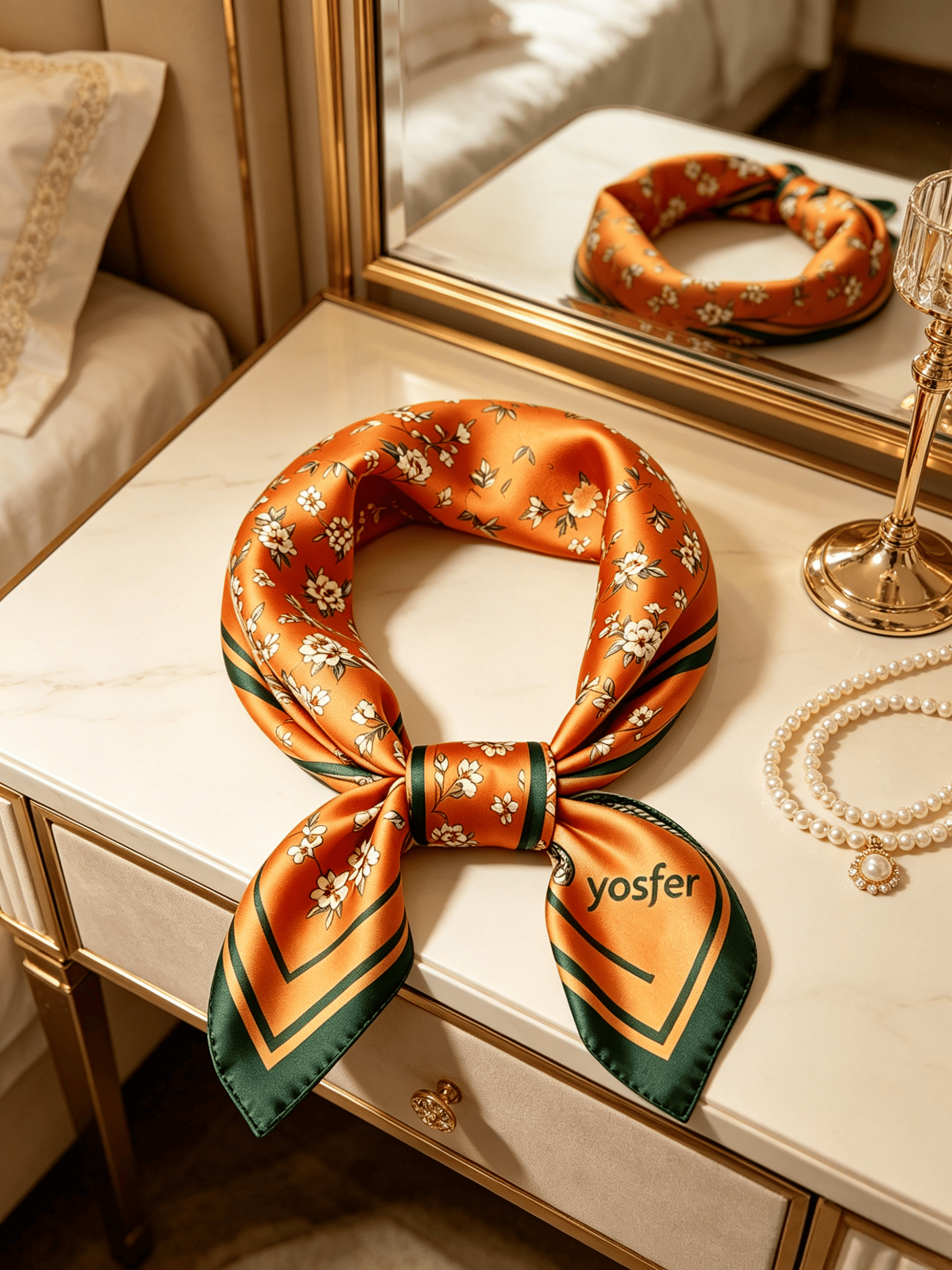 Yosfer Burnt Orange Floral Print Satin Neckerchief