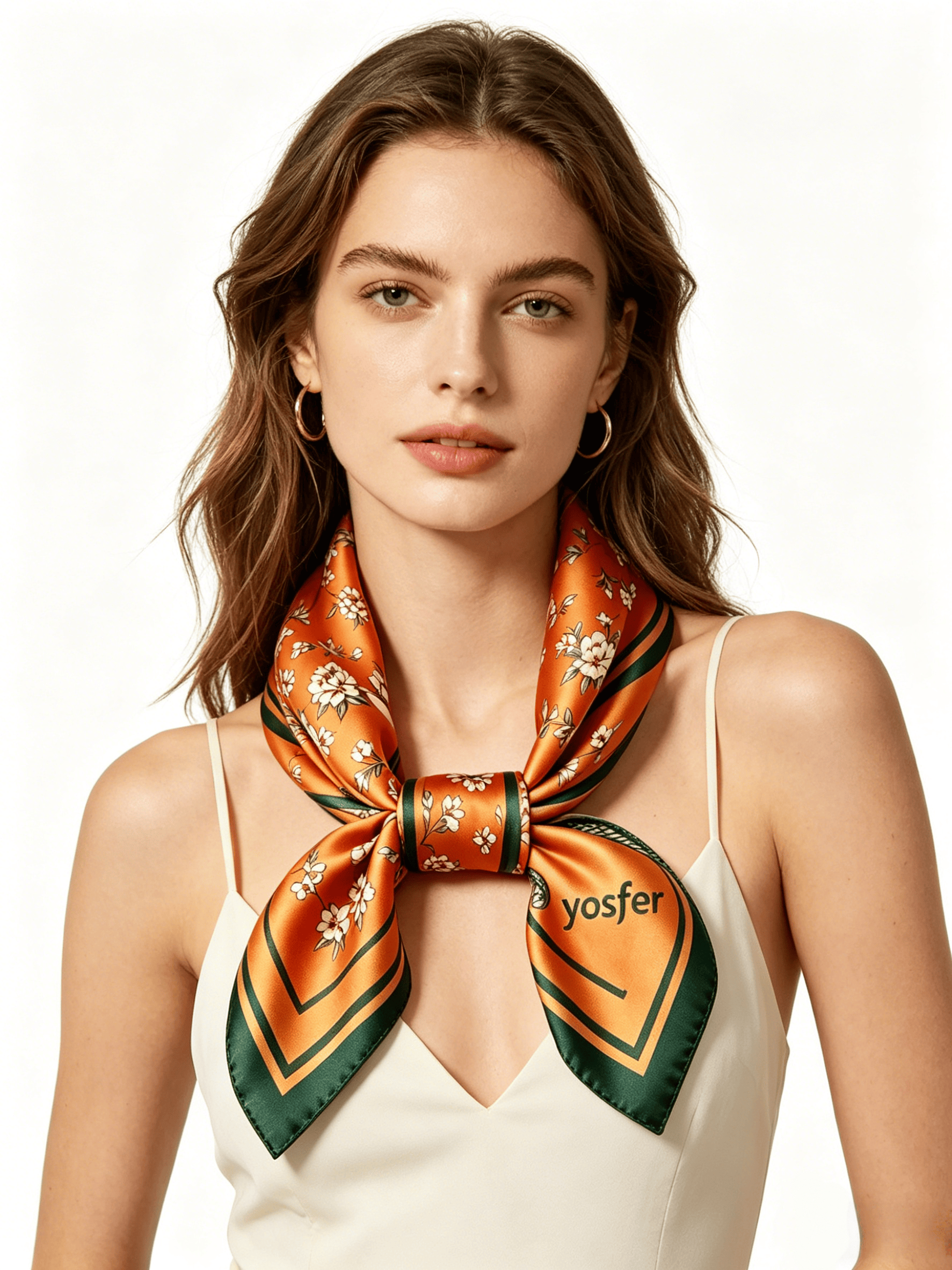 Yosfer Burnt Orange Floral Print Satin Neckerchief