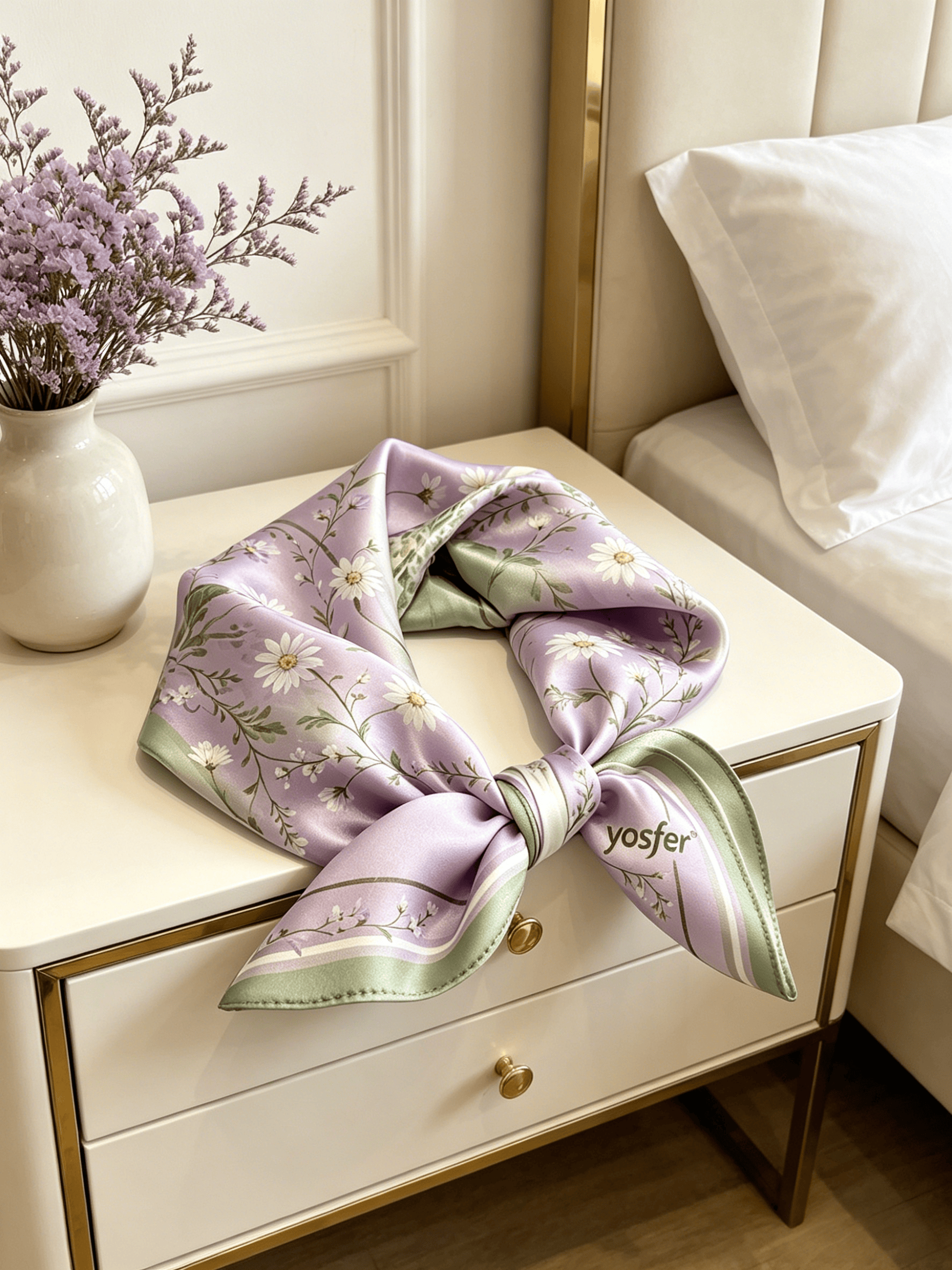 Yosfer Lavender Watercolor Daisy Print Satin Neckerchief